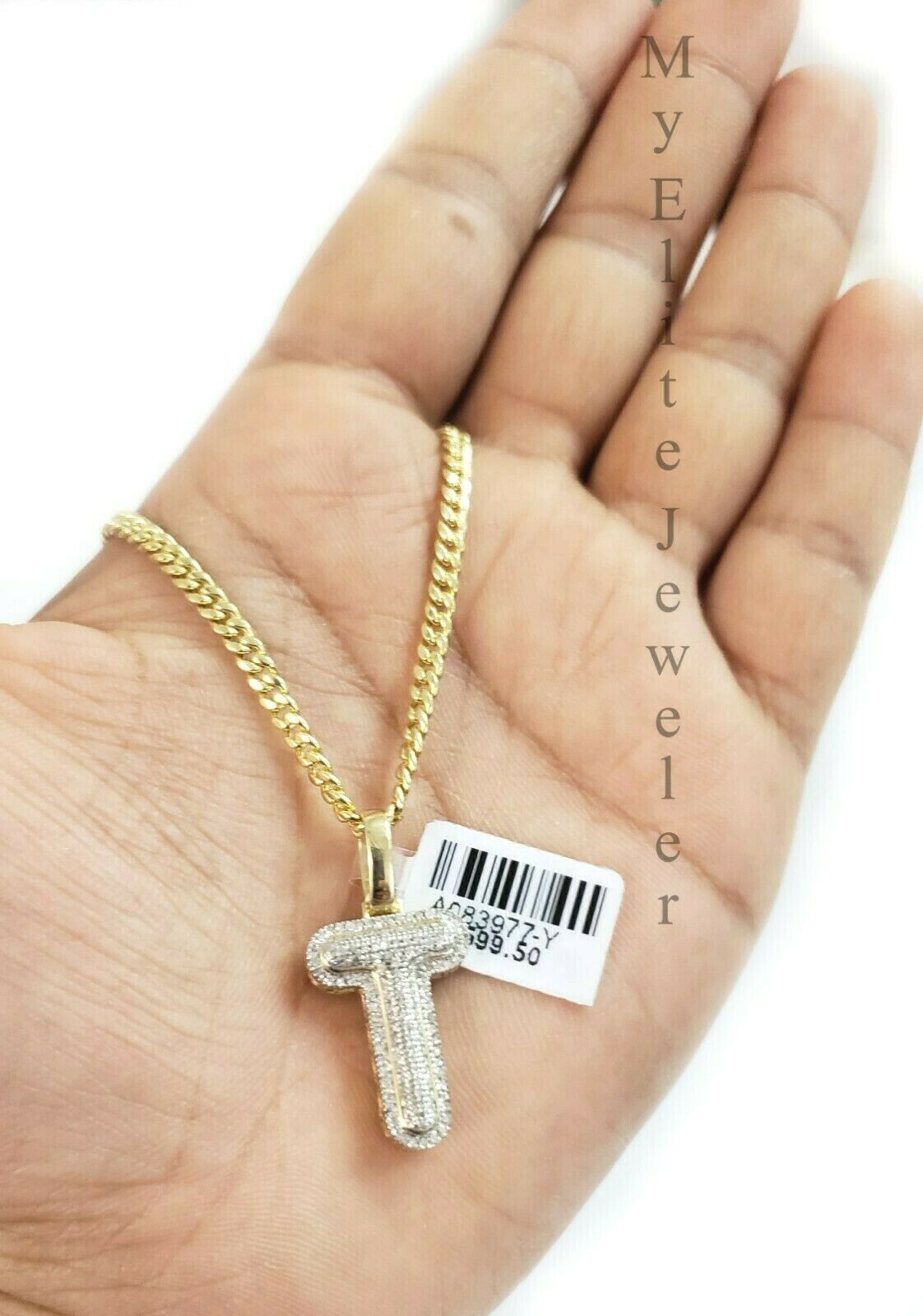 10 K Gold 3mm Chain 0.24 CT Diamond Initial T Charm Alphabet Men's Ladies Letter - GoldenlinQ