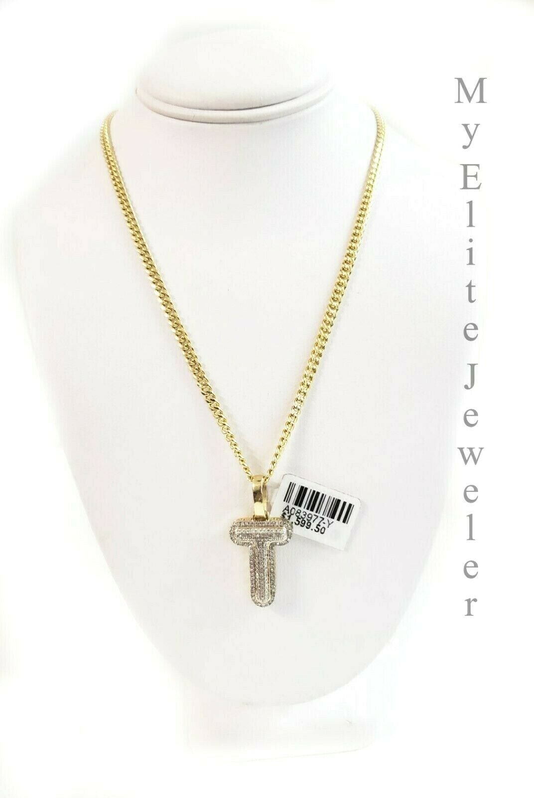10 K Gold 3mm Chain 0.24 CT Diamond Initial T Charm Alphabet Men's Ladies Letter - GoldenlinQ
