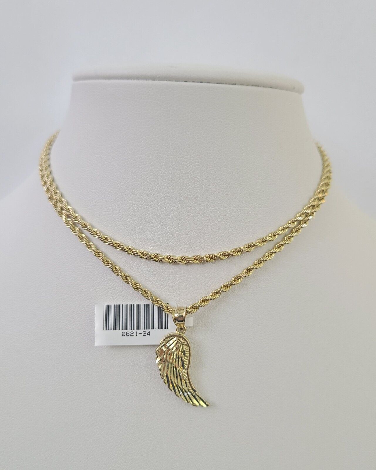 10k 2.5mm Rope Chain Angel Wings Pendant 18" - 30" Yellow Gold Set Charm Necklace - GoldenlinQ