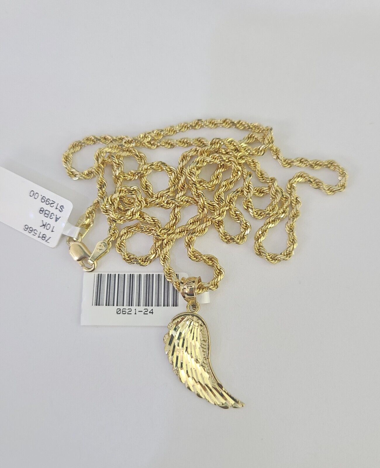 10k 2.5mm Rope Chain Angel Wings Pendant 18" - 30" Yellow Gold Set Charm Necklace - GoldenlinQ
