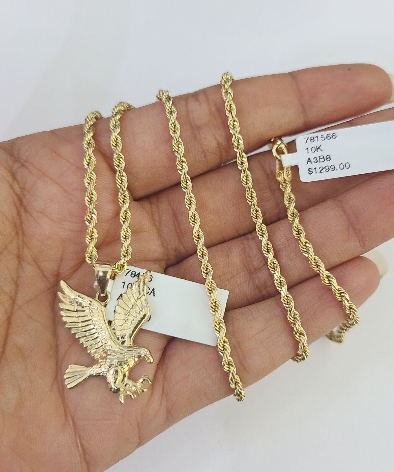10k 2.5mm Rope Chain Eagle Pendant 18" - 30" Yellow Gold Set Charm Necklace - GoldenlinQ