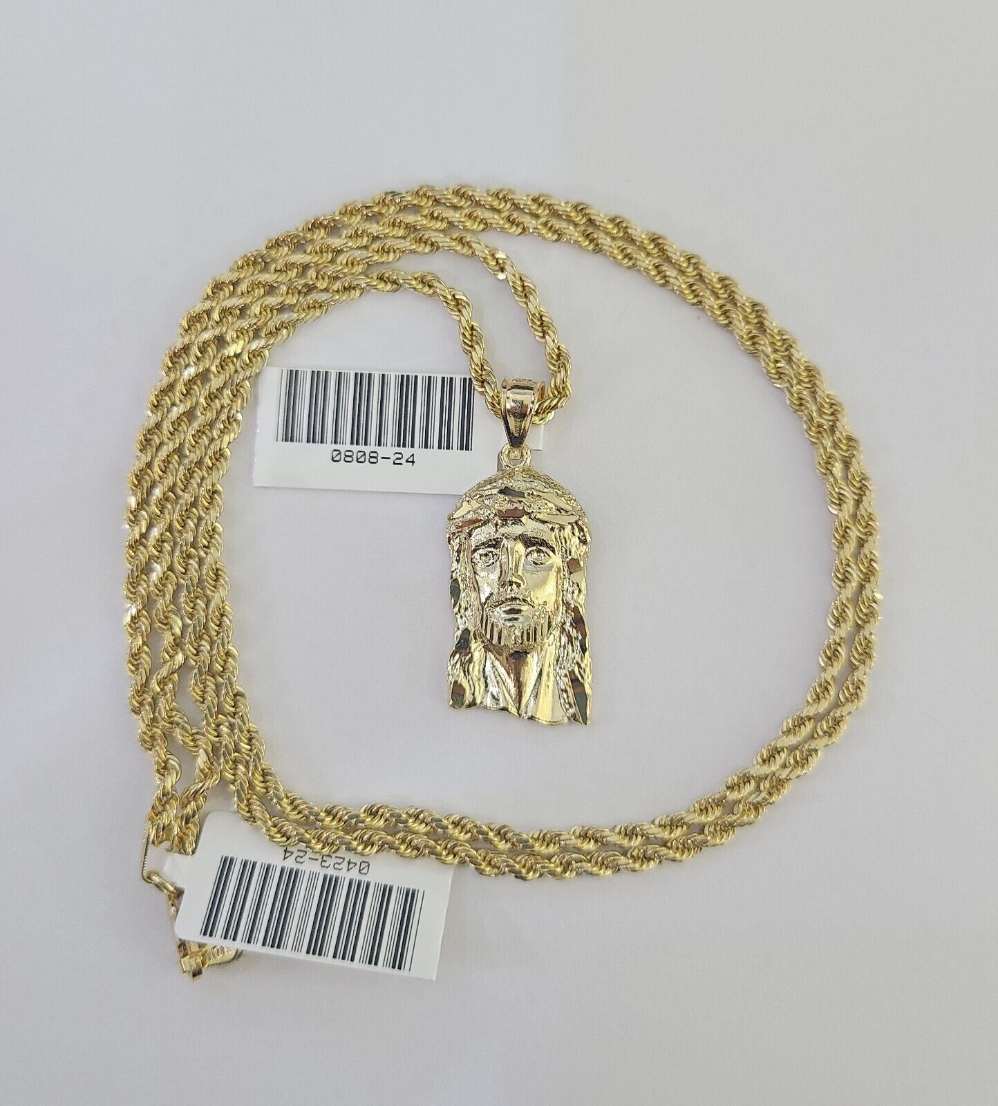 10k 2.5mm Rope Chain Jesus Head Pendant 18" - 30" Yellow Gold Set Charm Necklace - GoldenlinQ