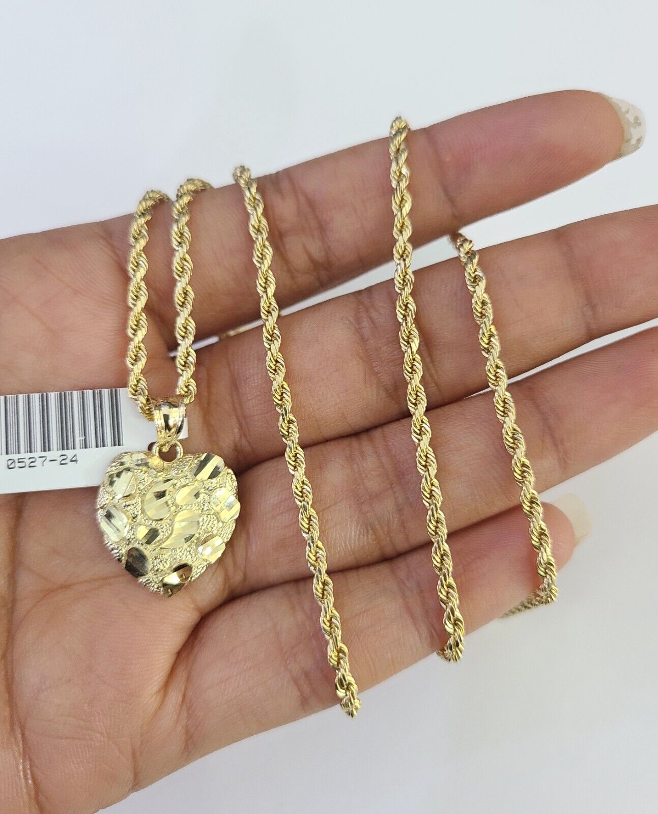 10k 2.5mm Rope Chain Nugget Heart Pendant 18" - 30" Yellow Gold Set Charm Necklace - GoldenlinQ