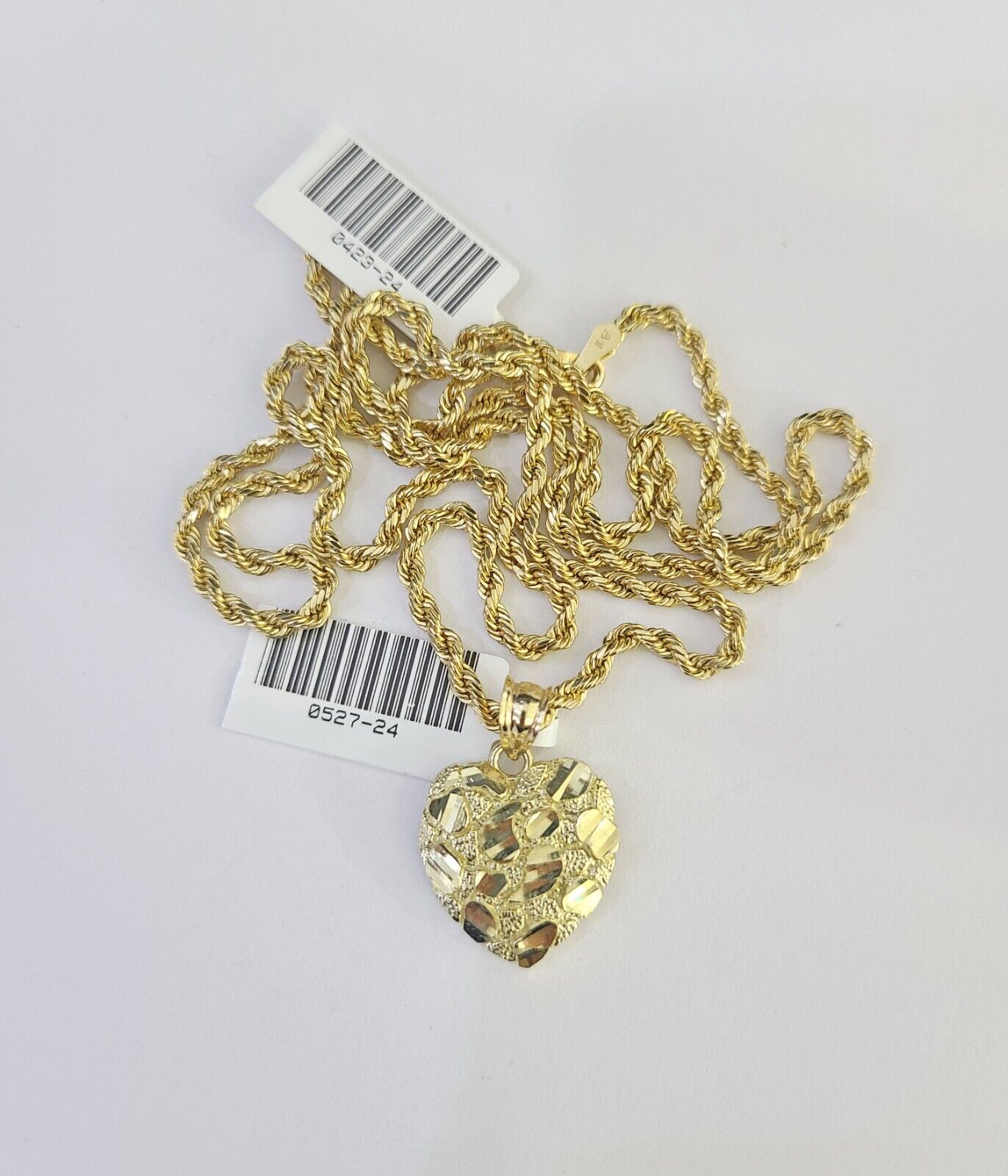 10k 2.5mm Rope Chain Nugget Heart Pendant 18" - 30" Yellow Gold Set Charm Necklace - GoldenlinQ
