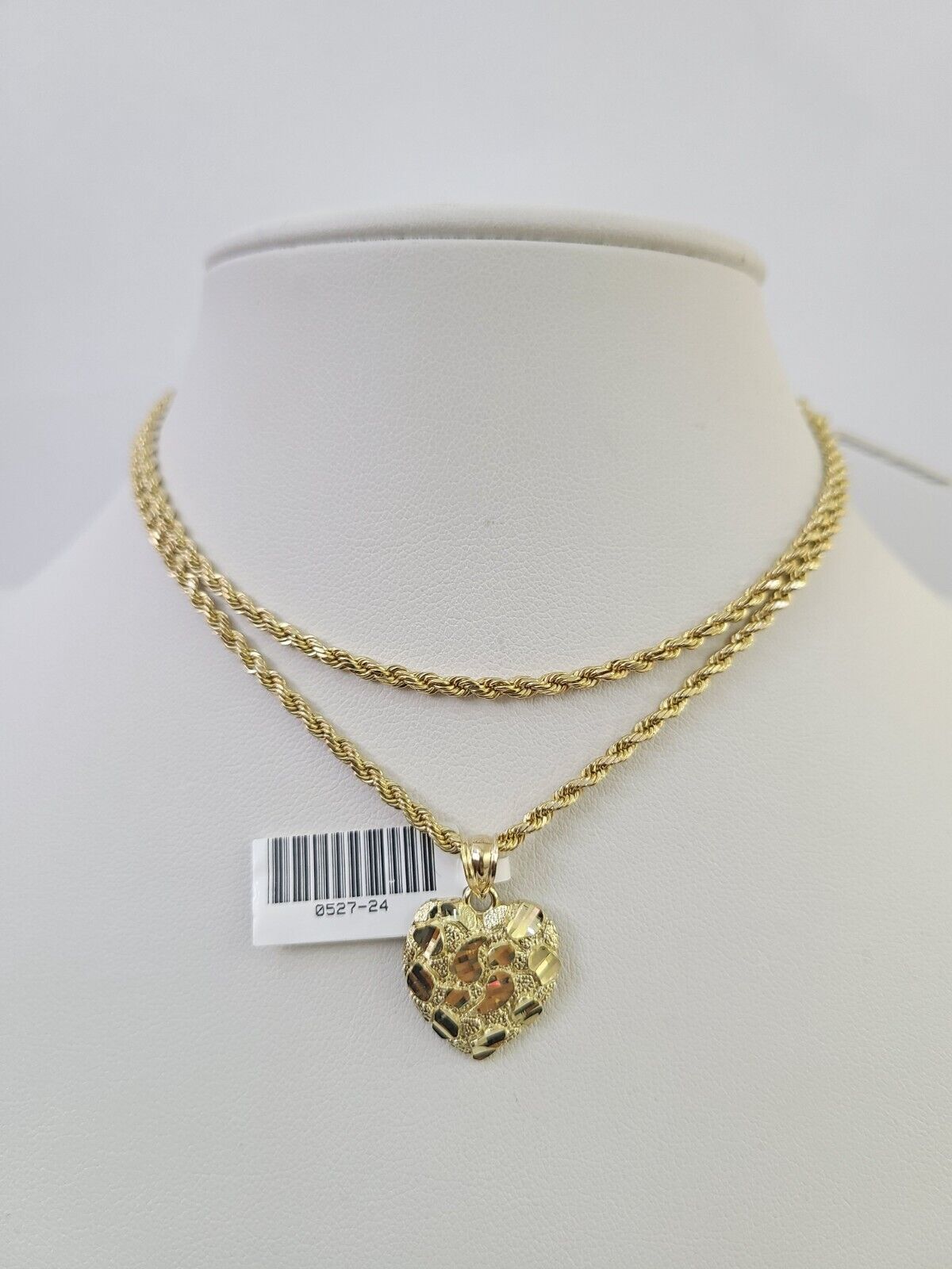10k 2.5mm Rope Chain Nugget Heart Pendant 18" - 30" Yellow Gold Set Charm Necklace - GoldenlinQ
