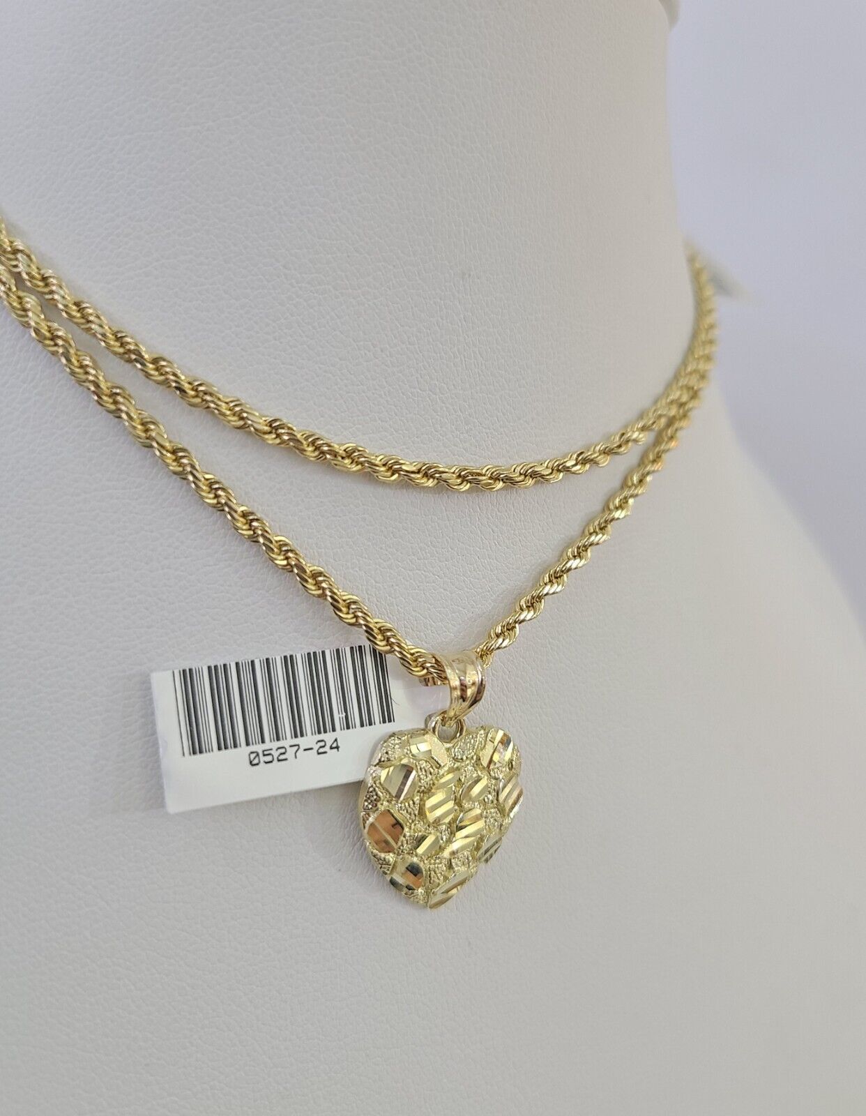 10k 2.5mm Rope Chain Nugget Heart Pendant 18" - 30" Yellow Gold Set Charm Necklace - GoldenlinQ