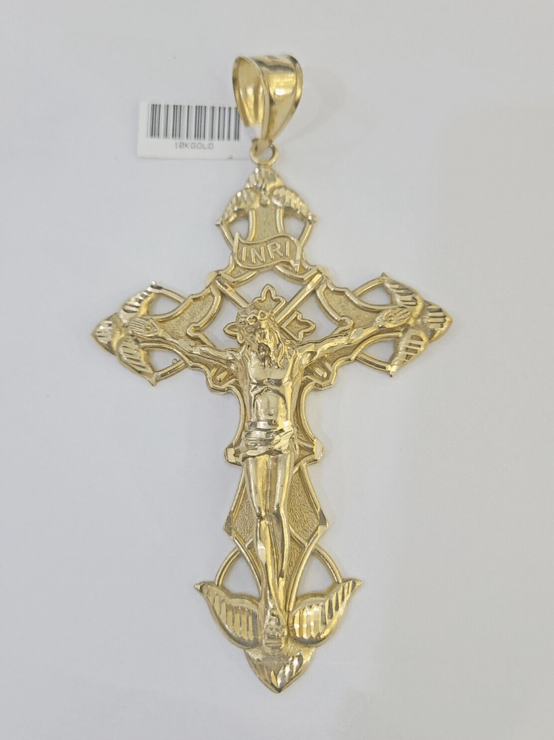 10K Crucifix Cross Pendant 4" Jesus Christ Charm Women Men Yellow Gold - GoldenlinQ
