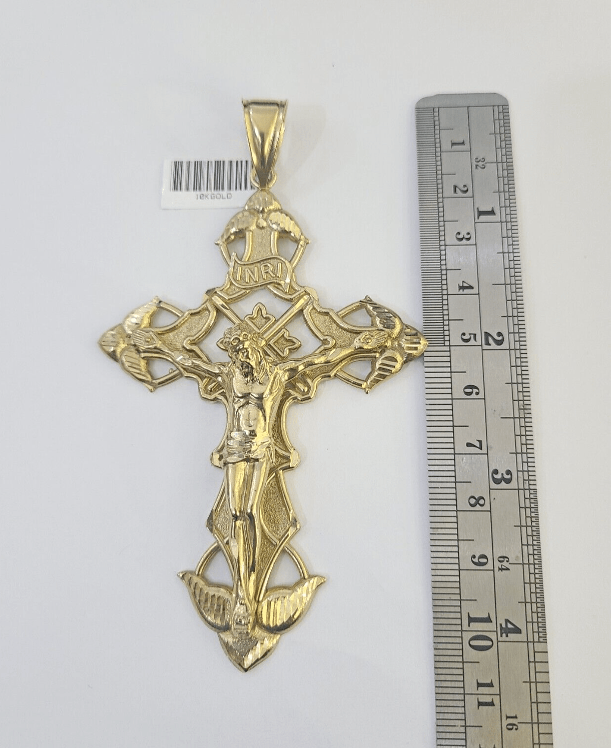 10K Crucifix Cross Pendant 4" Jesus Christ Charm Women Men Yellow Gold - GoldenlinQ