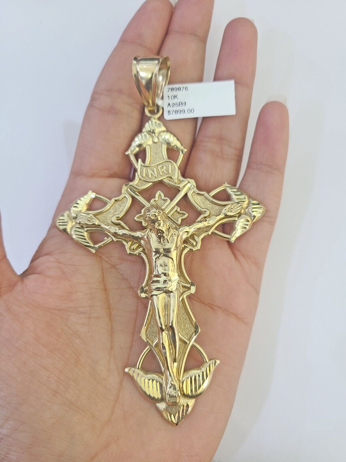 10K Crucifix Cross Pendant 4" Jesus Christ Charm Women Men Yellow Gold - GoldenlinQ