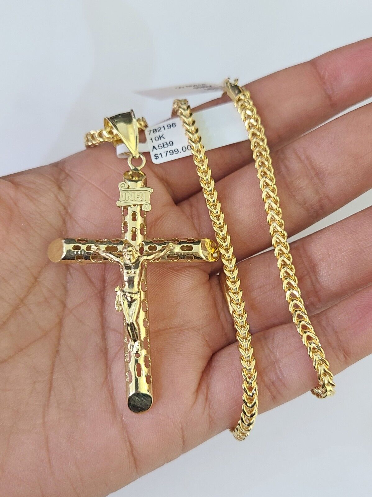 10K Franco Chain INRI Jesus Cross Pendant Charm Necklace 20" - 26" 3mm Gold - GoldenlinQ