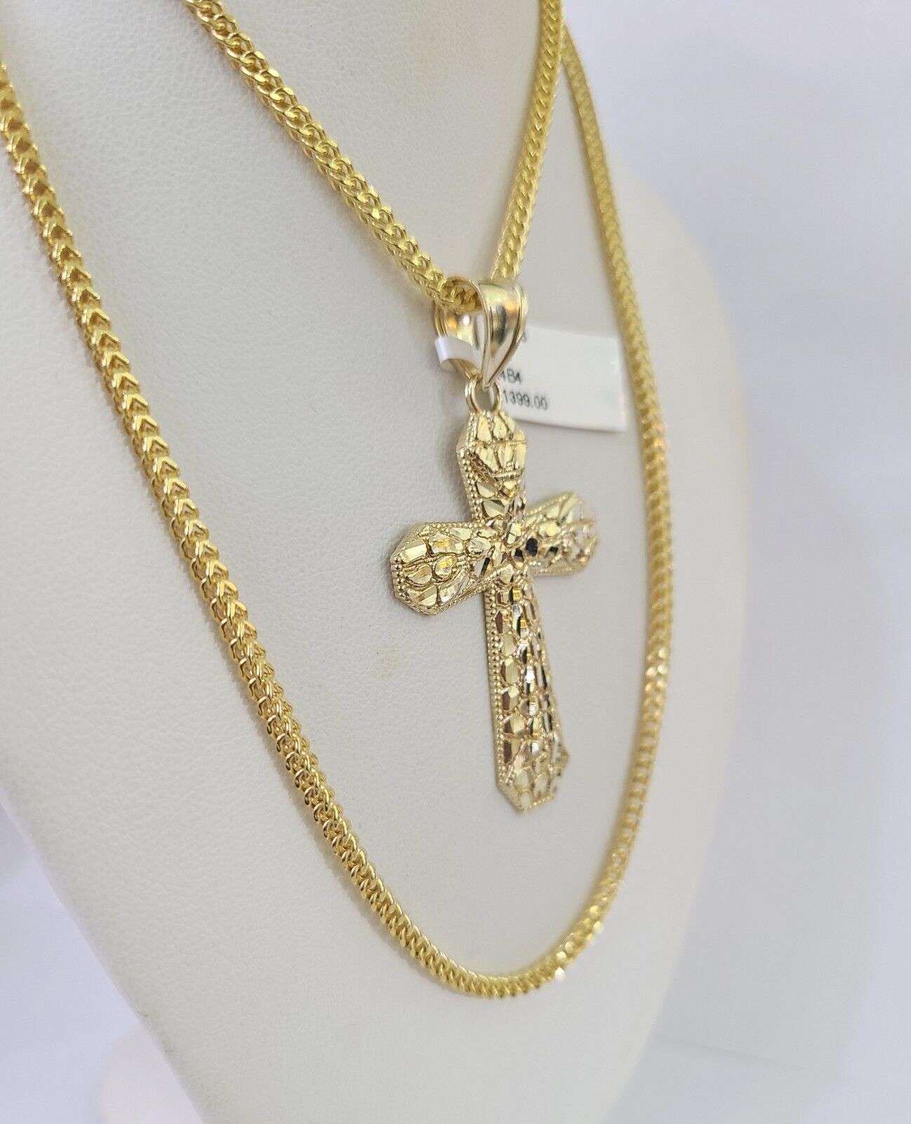 10K Franco Chain Jesus Cross Pendant Charm Necklace 20" - 26" 2.5mm Yellow Gold - GoldenlinQ