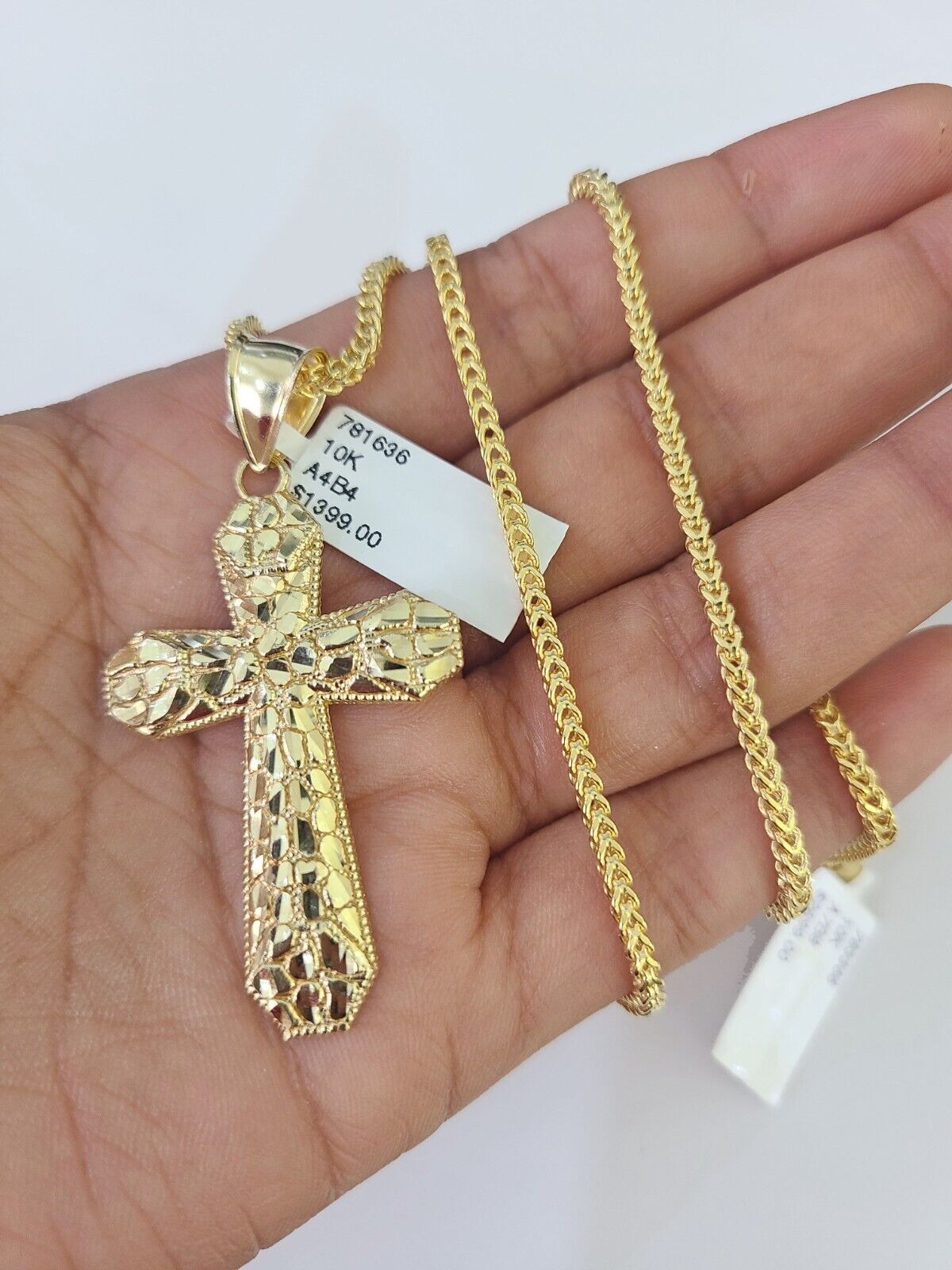 10K Franco Chain Jesus Cross Pendant Charm Necklace 20" - 26" 2.5mm Yellow Gold - GoldenlinQ