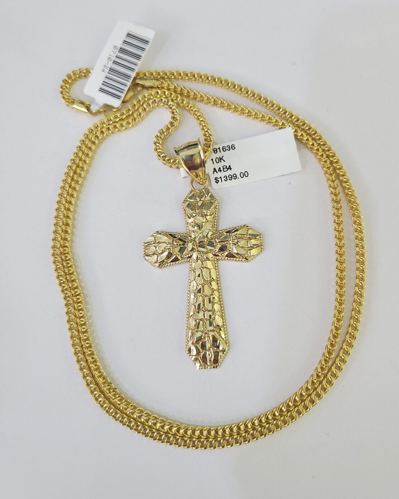 10K Franco Chain Jesus Cross Pendant Charm Necklace 20" - 26" 2.5mm Yellow Gold - GoldenlinQ