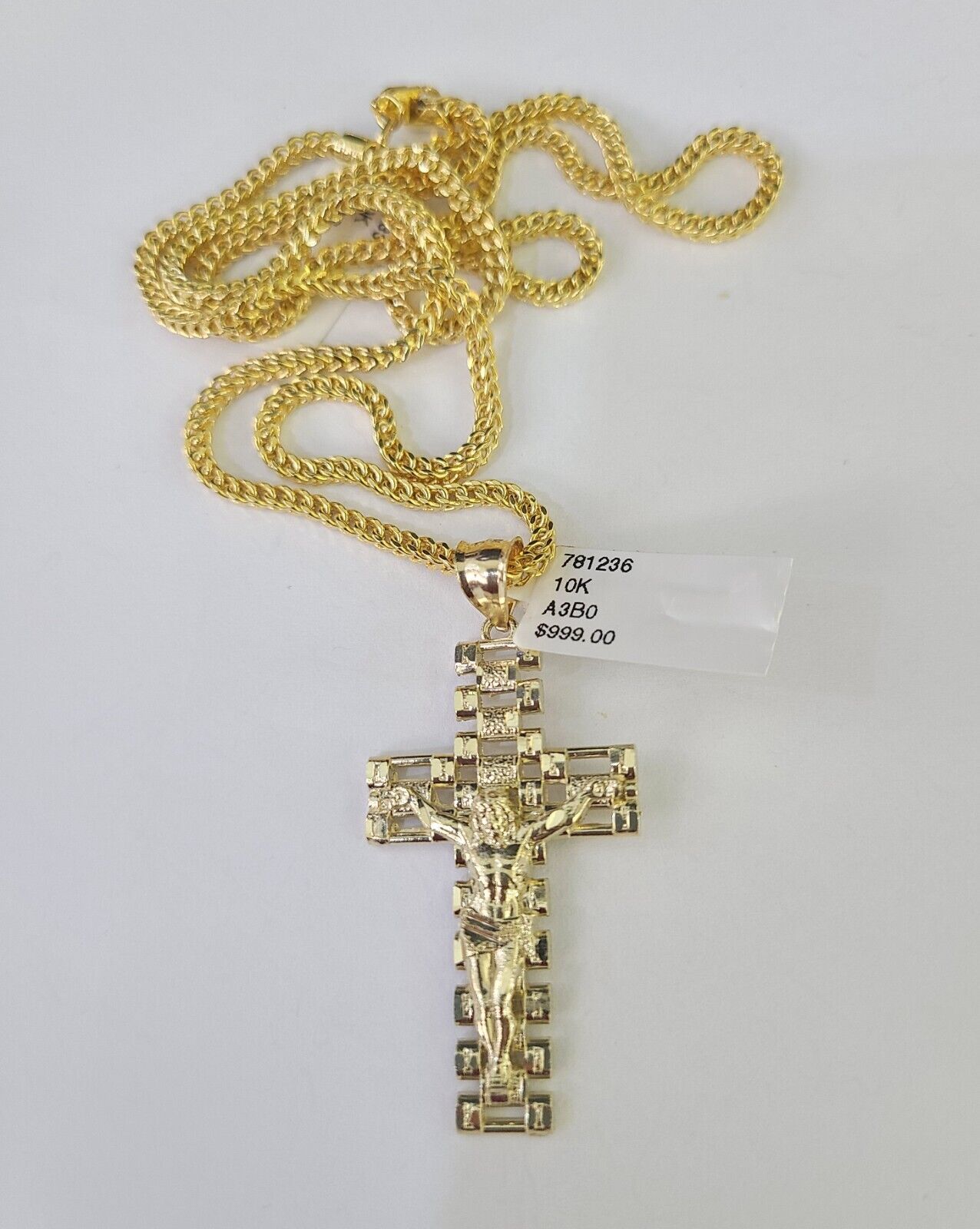10K Franco Chain Jesus Cross Pendant Charm Necklace 20" - 26" 2.5mm Yellow Gold - GoldenlinQ