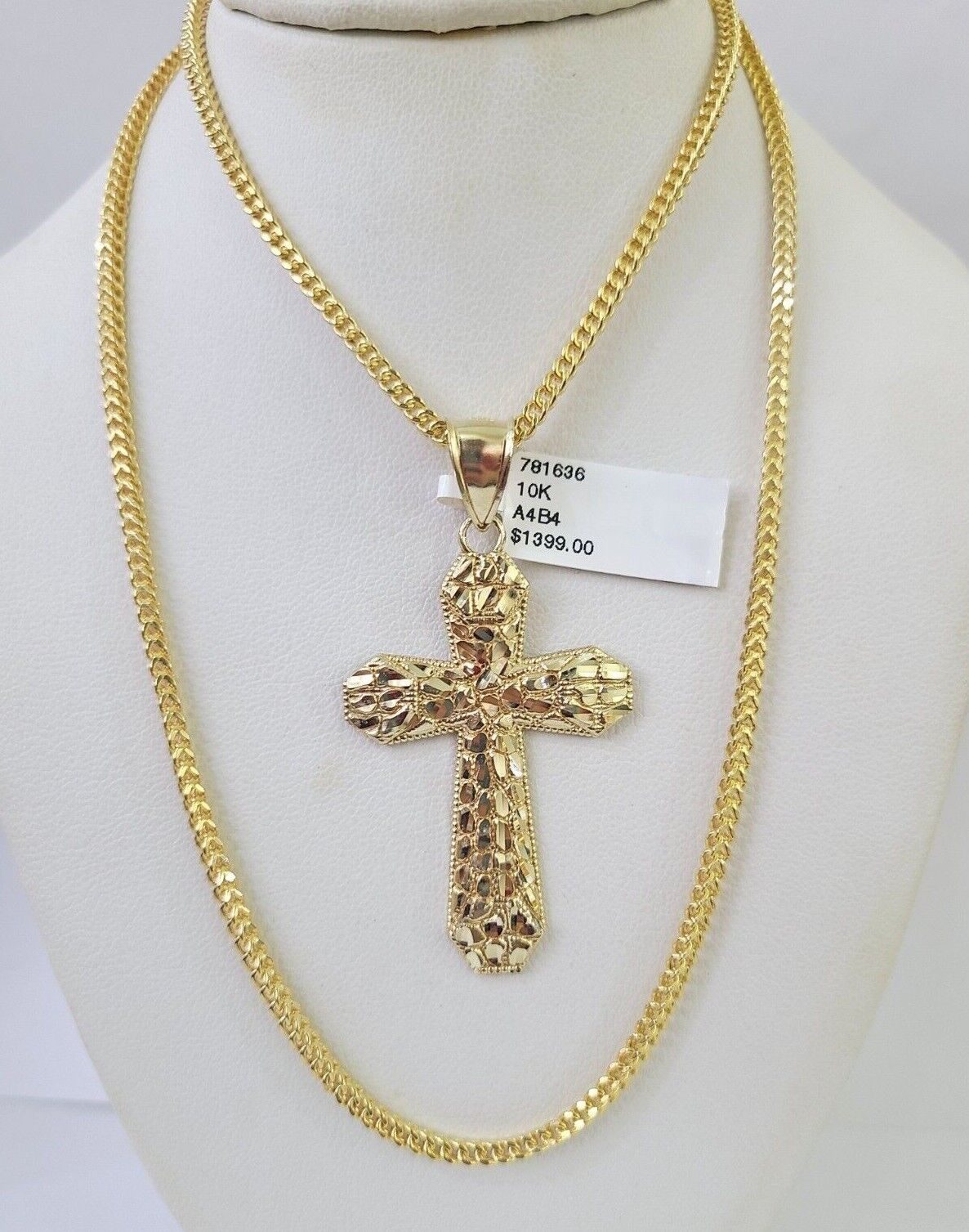 10K Franco Chain Jesus Cross Pendant Charm Necklace 20" - 26" 2.5mm Yellow Gold - GoldenlinQ