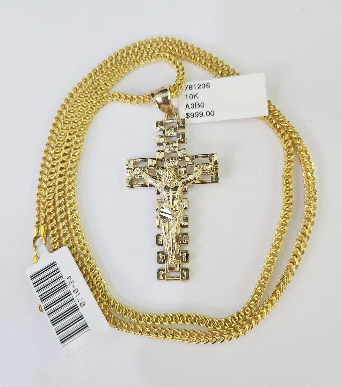 10K Franco Chain Jesus Cross Pendant Charm Necklace 20" - 26" 2.5mm Yellow Gold - GoldenlinQ