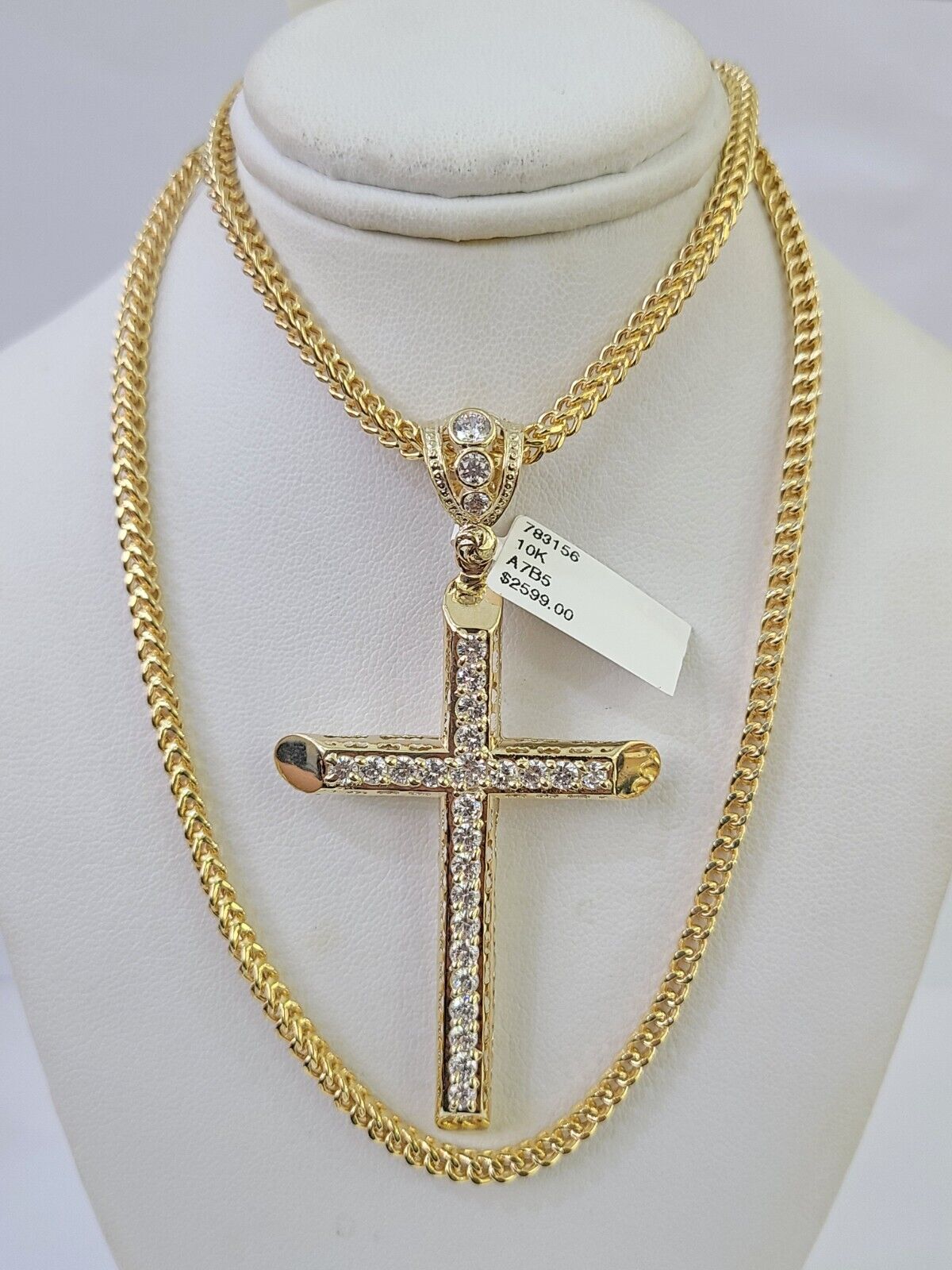10K Franco Chain Jesus Cross Pendant Charm Necklace 20" - 26" 3mm Gold - GoldenlinQ