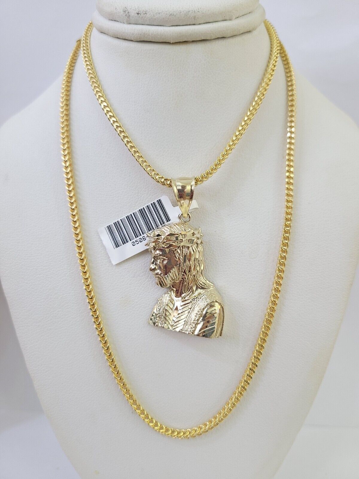 10K Franco Chain Jesus Head Pendant Charm Necklace 20" - 26" 2.5mm Yellow Gold - GoldenlinQ