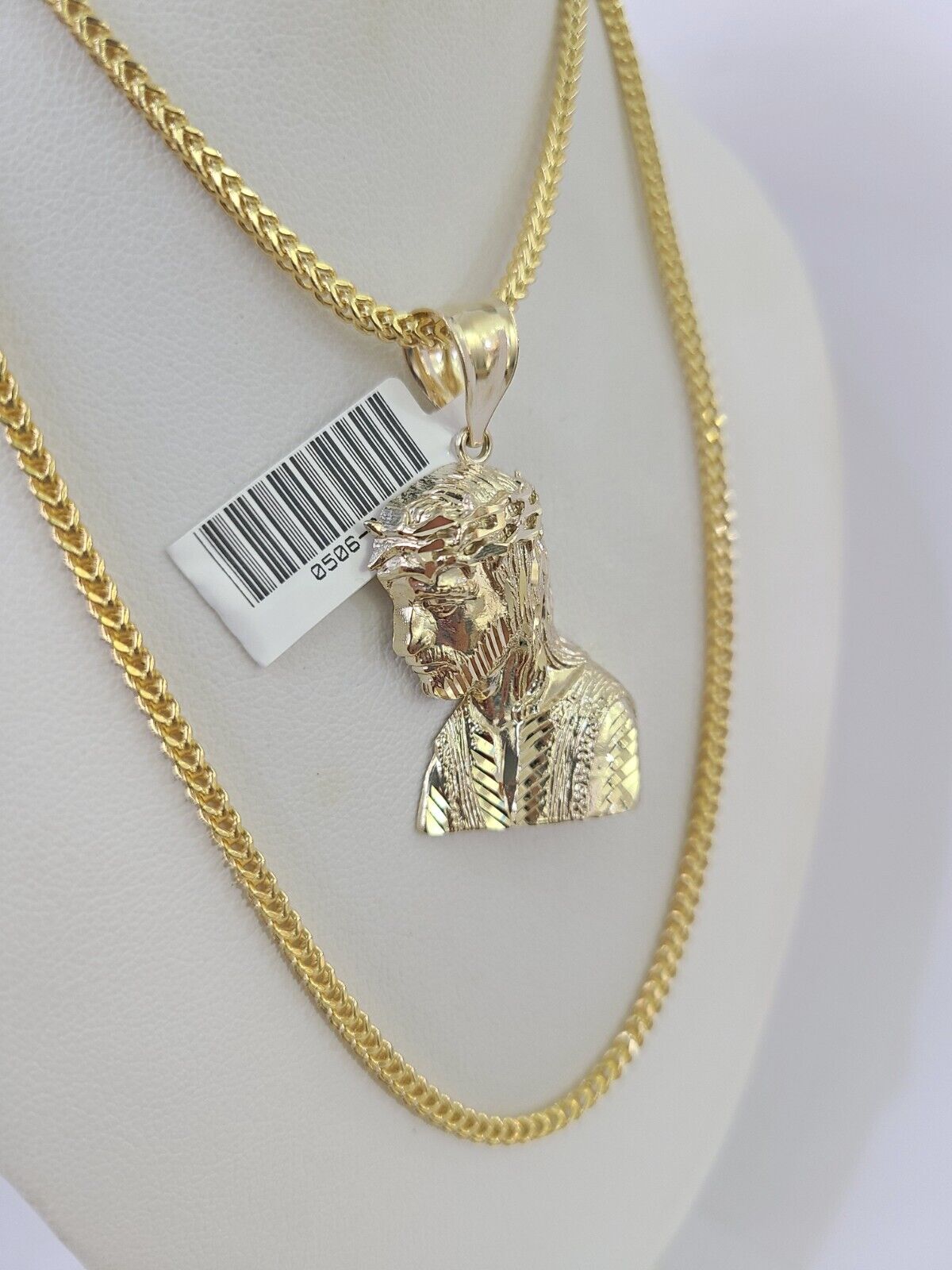 10K Franco Chain Jesus Head Pendant Charm Necklace 20" - 26" 2.5mm Yellow Gold - GoldenlinQ