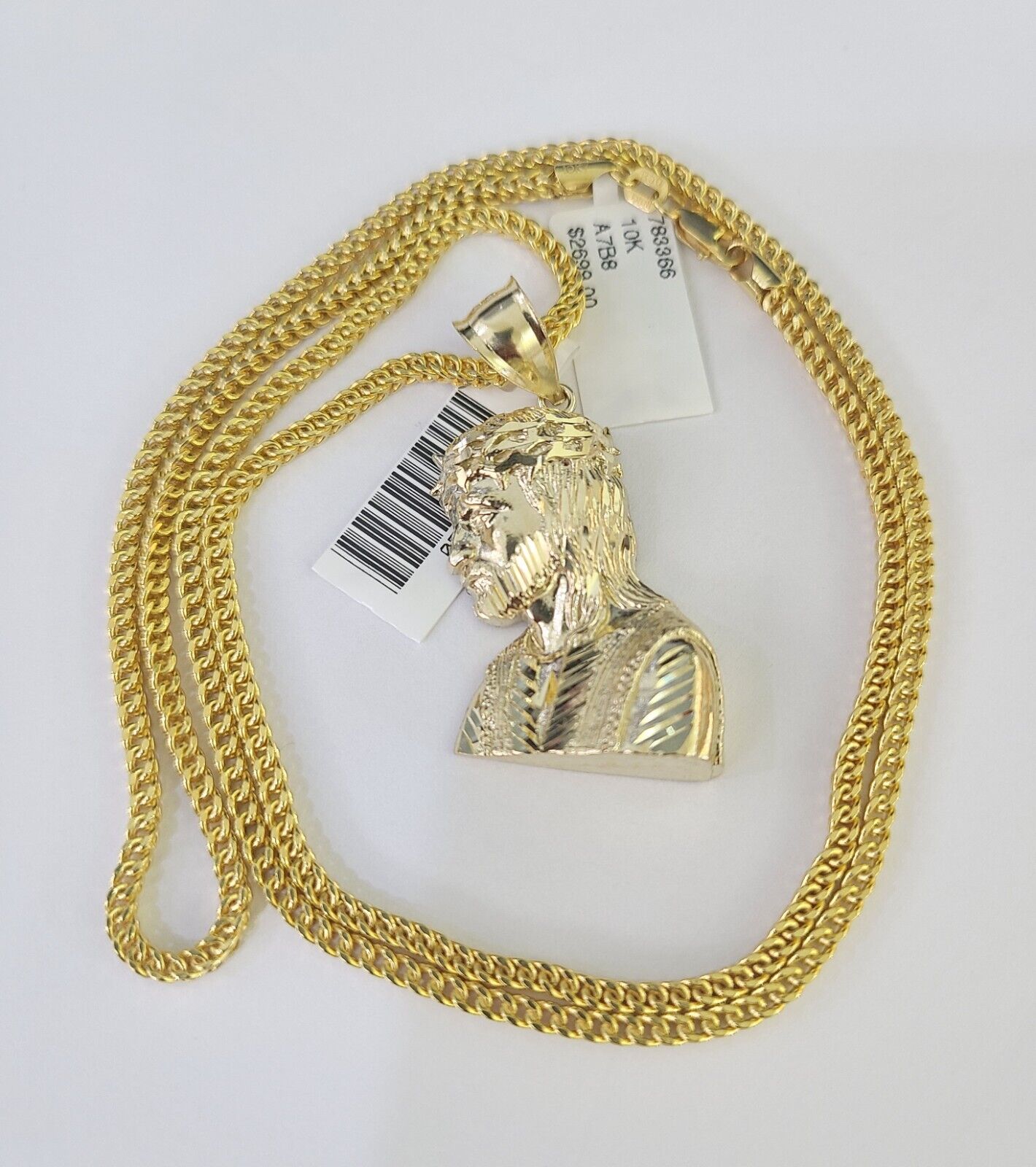 10K Franco Chain Jesus Head Pendant Charm Necklace 20" - 26" 2.5mm Yellow Gold - GoldenlinQ