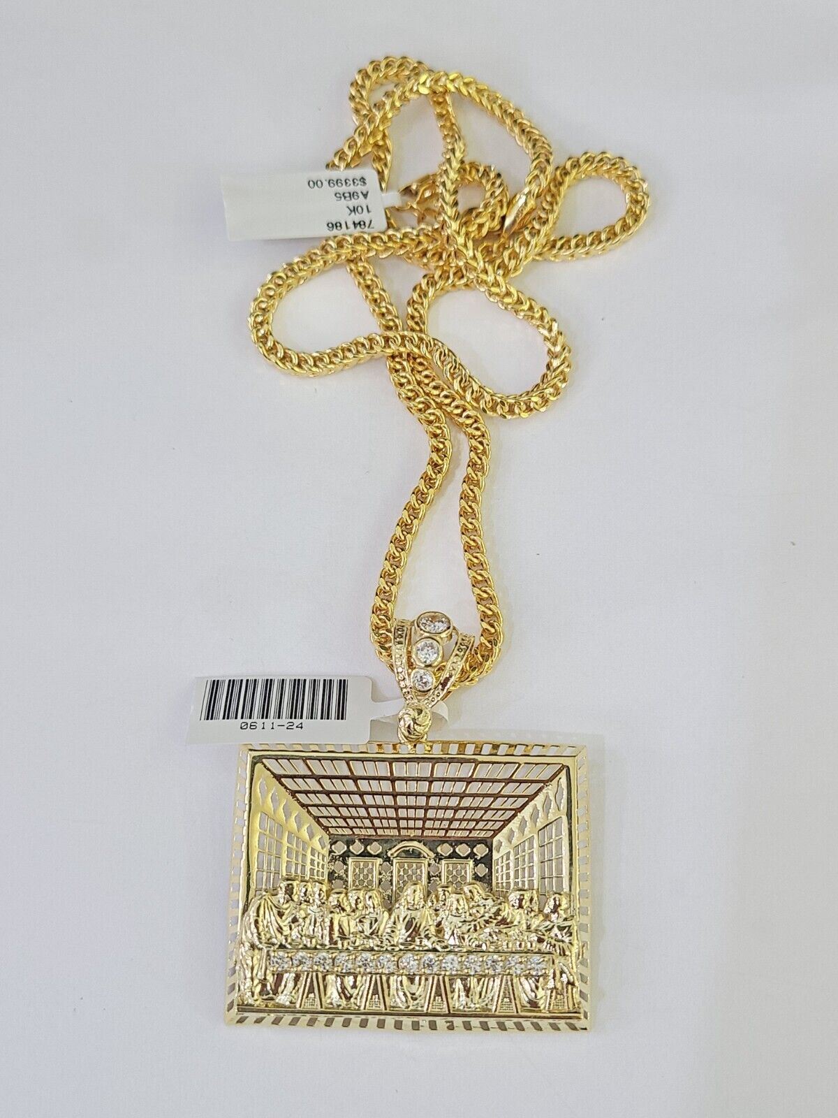 10K Franco Chain Last Supper Pendant Charm Necklace 20" - 26" 3mm Gold Yellow - GoldenlinQ