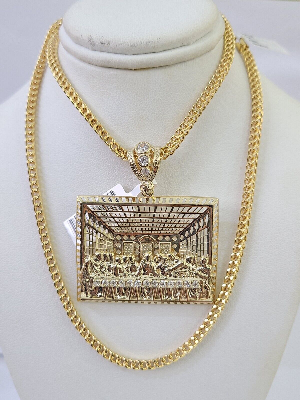 10K Franco Chain Last Supper Pendant Charm Necklace 20" - 26" 3mm Gold Yellow - GoldenlinQ