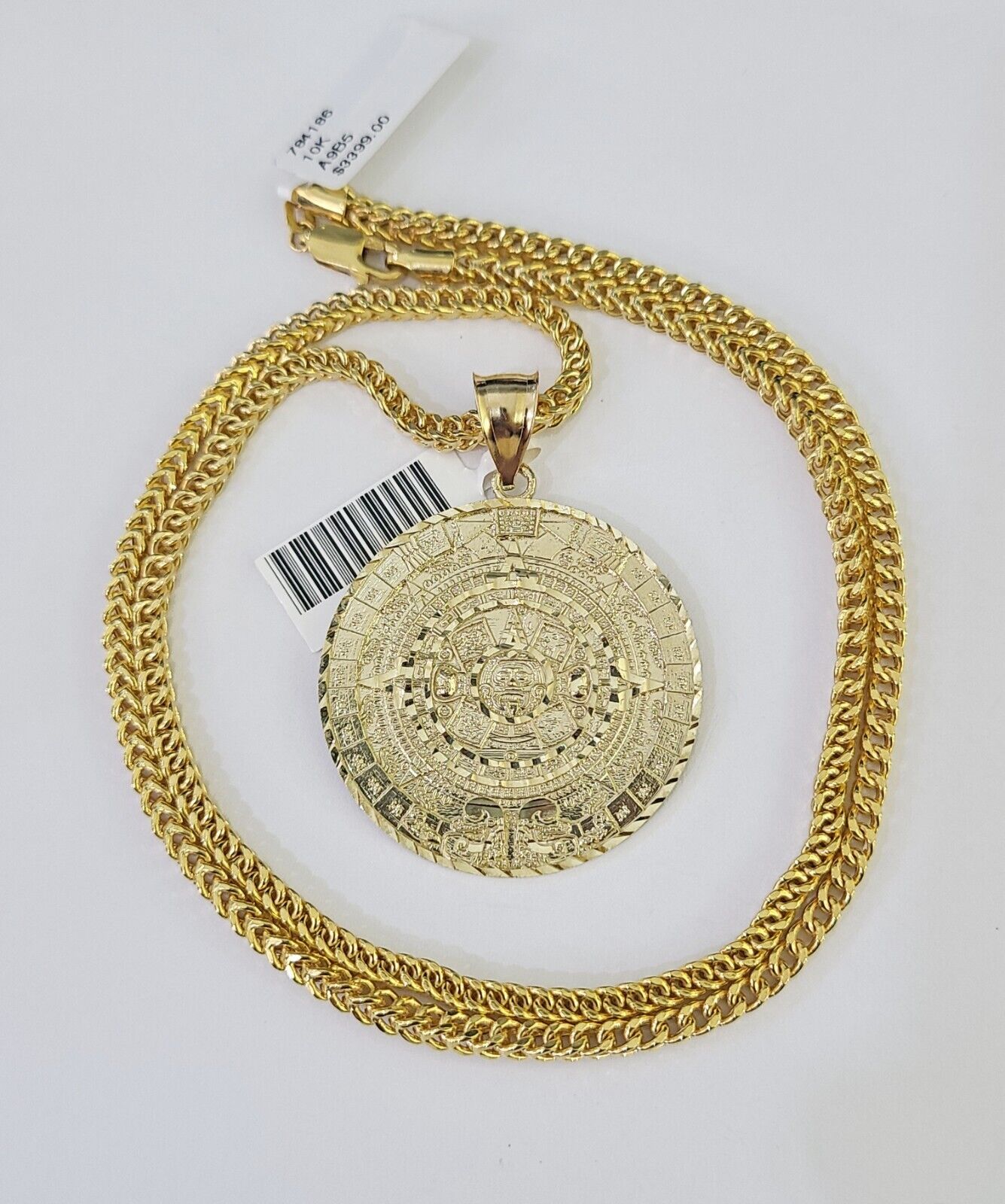 10K Franco Chain Mayan Calendar Pendant Charm Necklace 20" - 26" 3mm Gold Yellow - GoldenlinQ