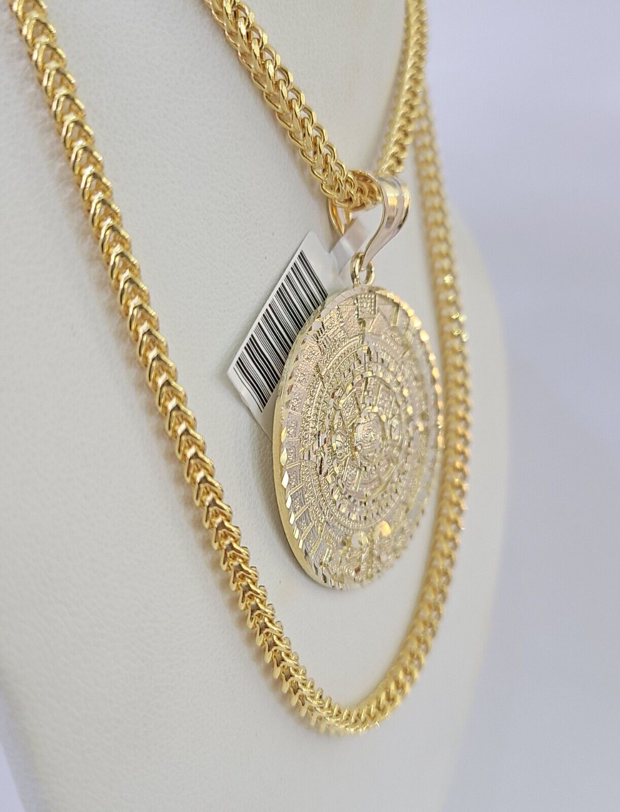 10K Franco Chain Mayan Calendar Pendant Charm Necklace 20" - 26" 3mm Gold Yellow - GoldenlinQ