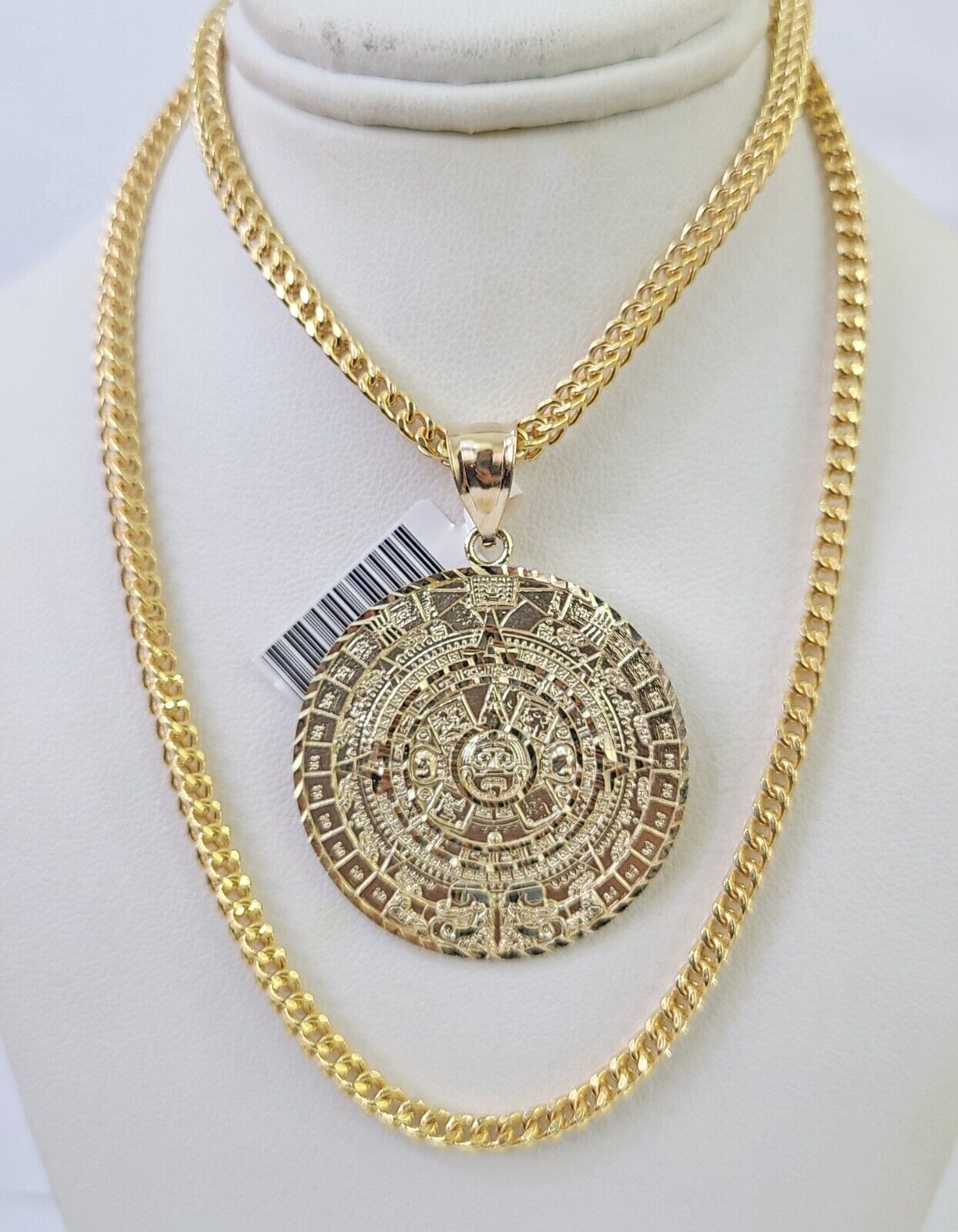 10K Franco Chain Mayan Calendar Pendant Charm Necklace 20" - 26" 3mm Gold Yellow - GoldenlinQ