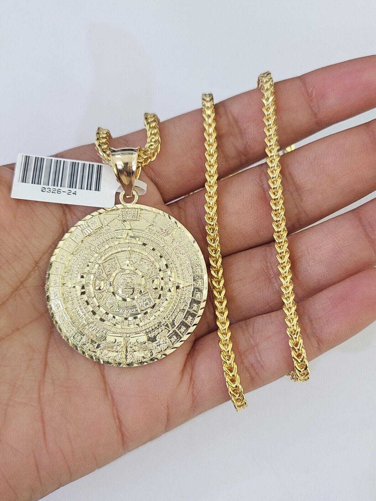 10K Franco Chain Mayan Calendar Pendant Charm Necklace 20" - 26" 3mm Gold Yellow - GoldenlinQ