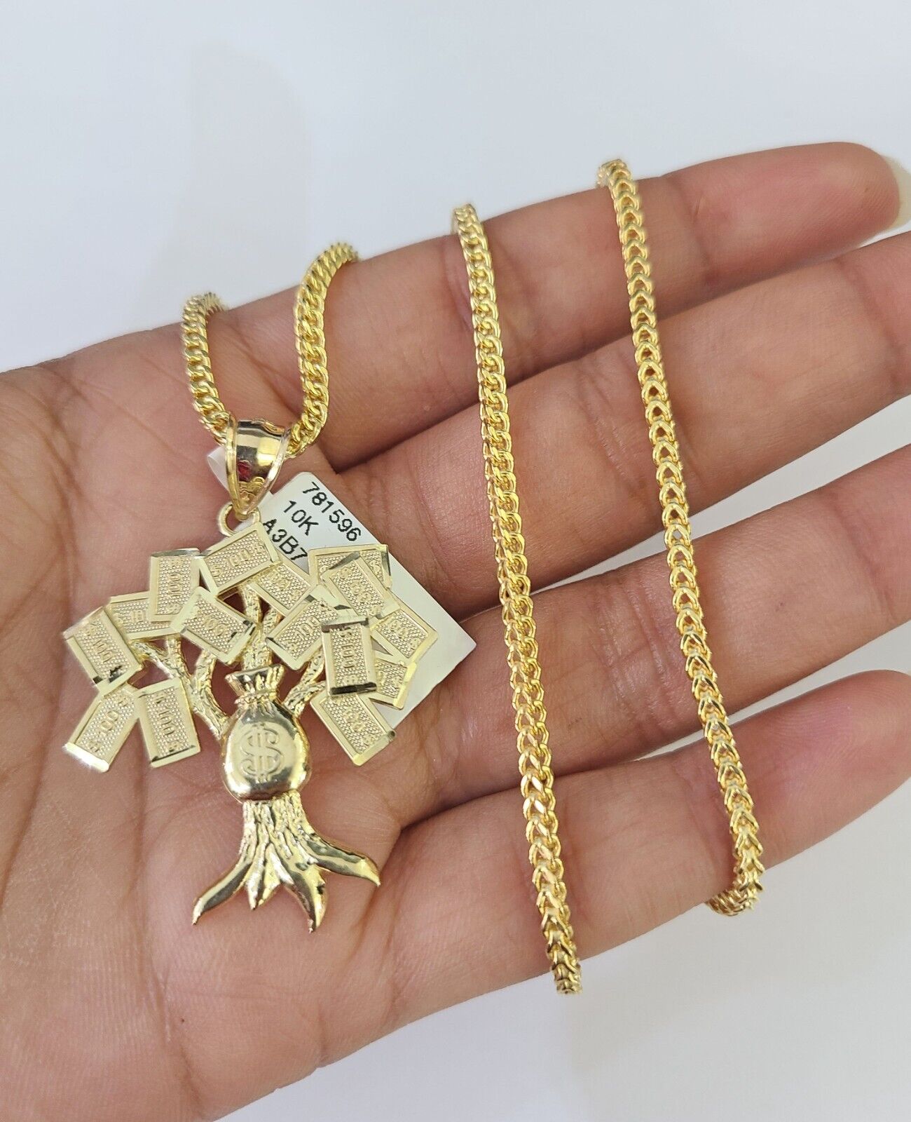 10K Franco Chain Money Tree Pendant Charm Necklace 20" - 26" 2.5mm Yellow Gold - GoldenlinQ
