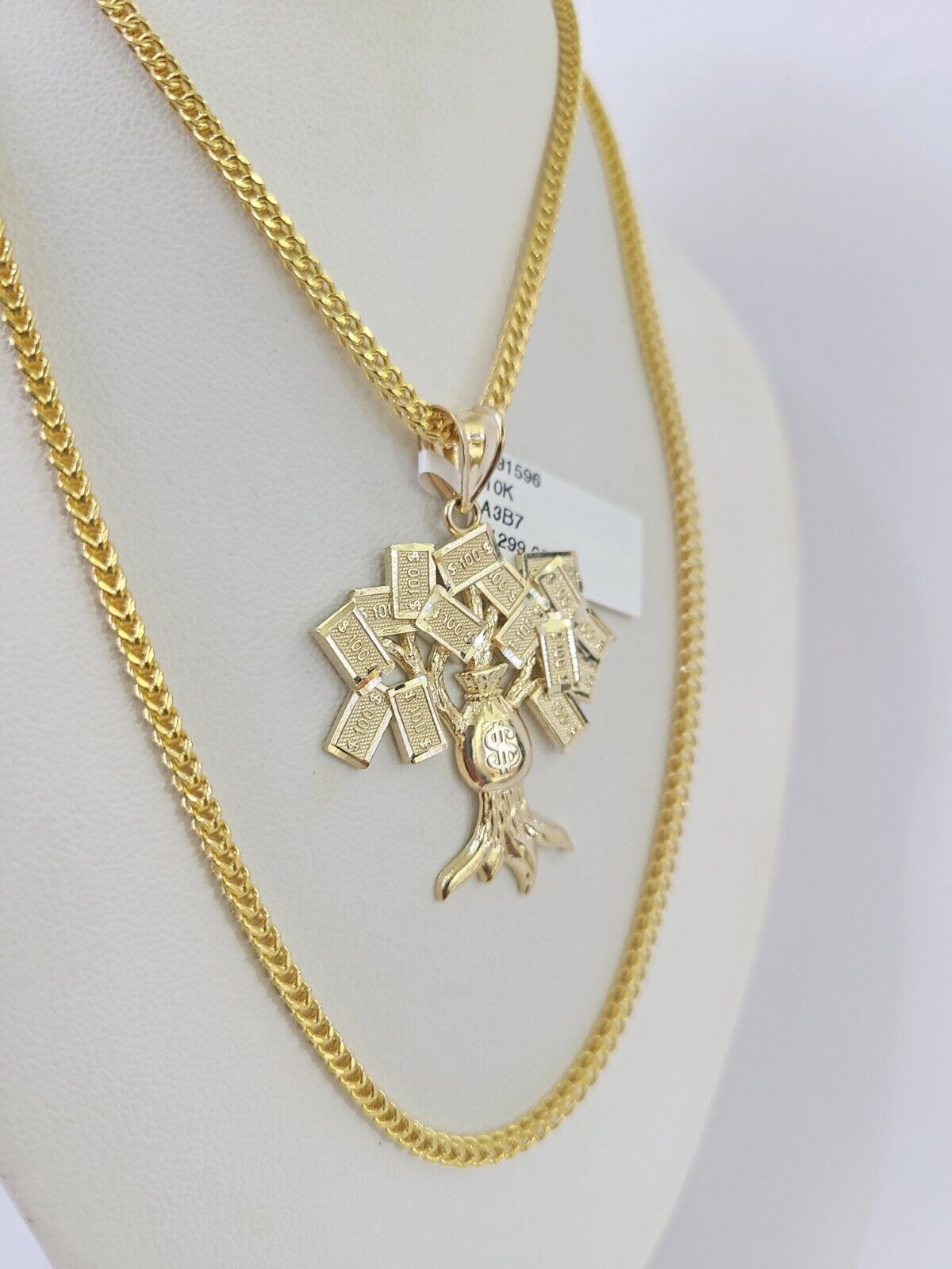 10K Franco Chain Money Tree Pendant Charm Necklace 20" - 26" 2.5mm Yellow Gold - GoldenlinQ