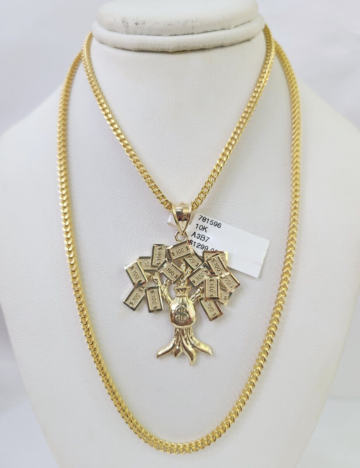 10K Franco Chain Money Tree Pendant Charm Necklace 20" - 26" 2.5mm Yellow Gold - GoldenlinQ