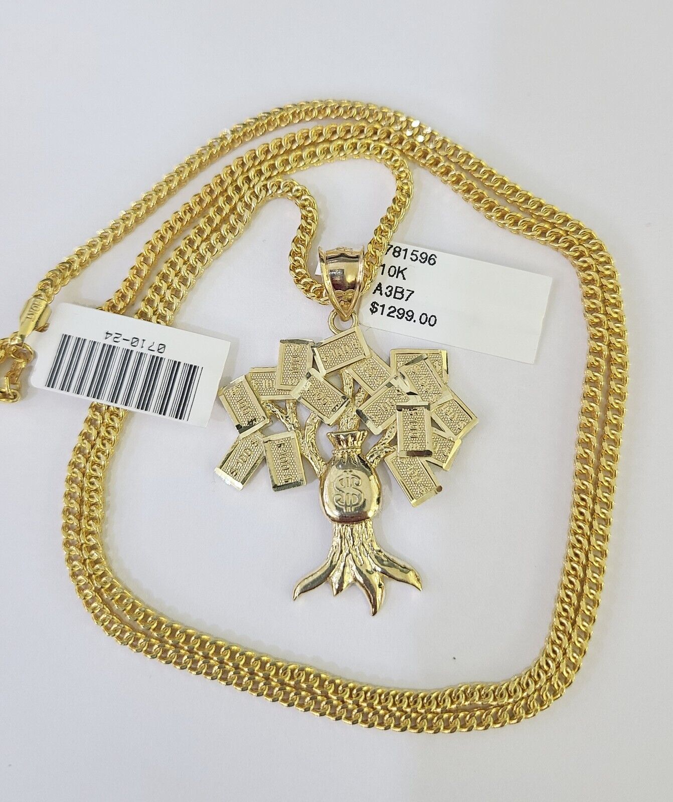 10K Franco Chain Money Tree Pendant Charm Necklace 20" - 26" 2.5mm Yellow Gold - GoldenlinQ