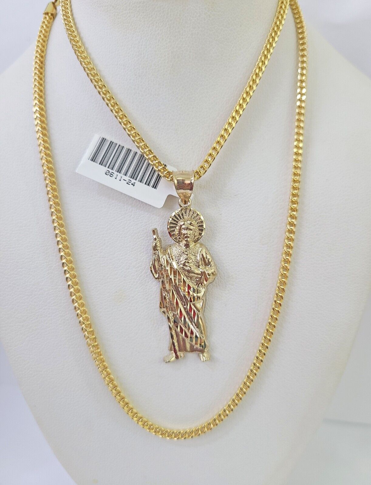 10K Franco Chain Saint Jude Pendant Charm Necklace 20" - 26" 2.5mm Yellow Gold - GoldenlinQ