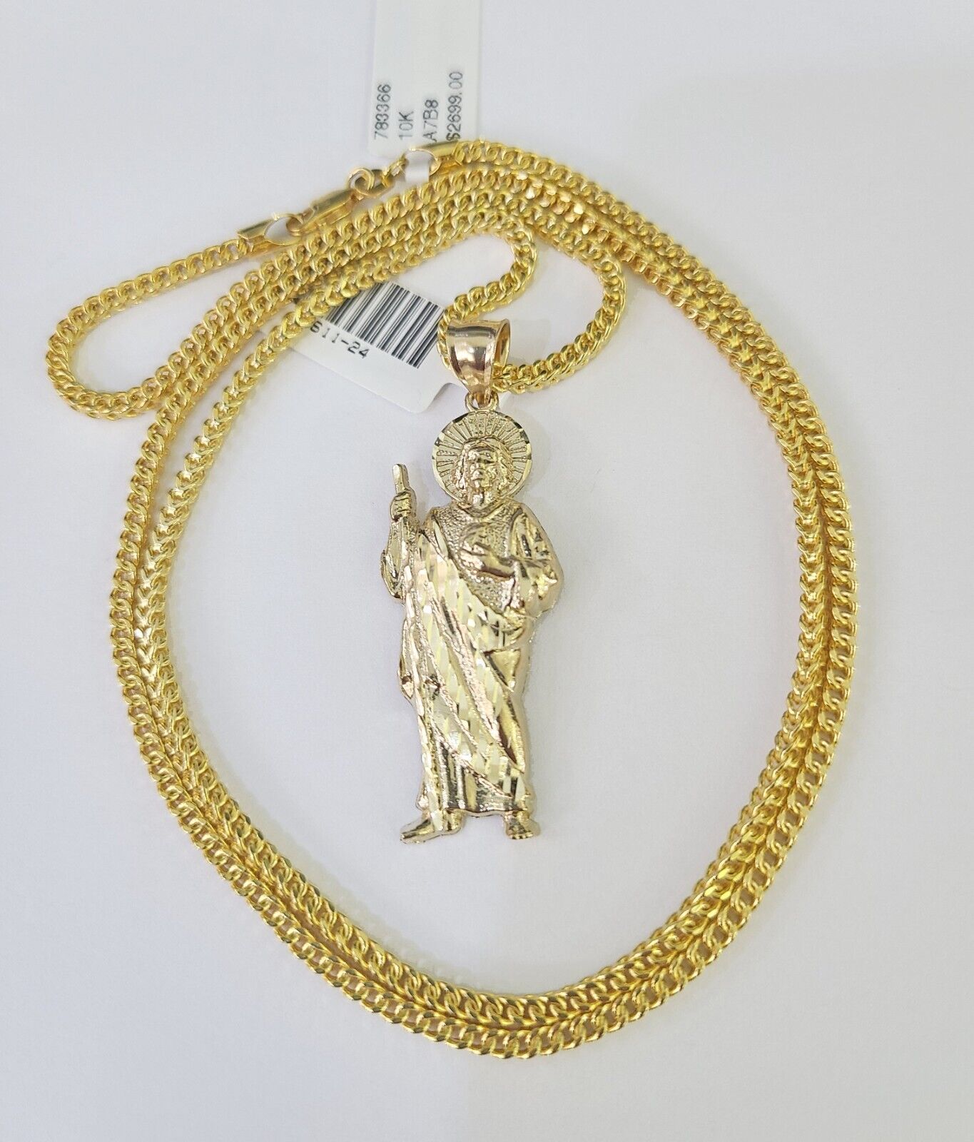 10K Franco Chain Saint Jude Pendant Charm Necklace 20" - 26" 2.5mm Yellow Gold - GoldenlinQ