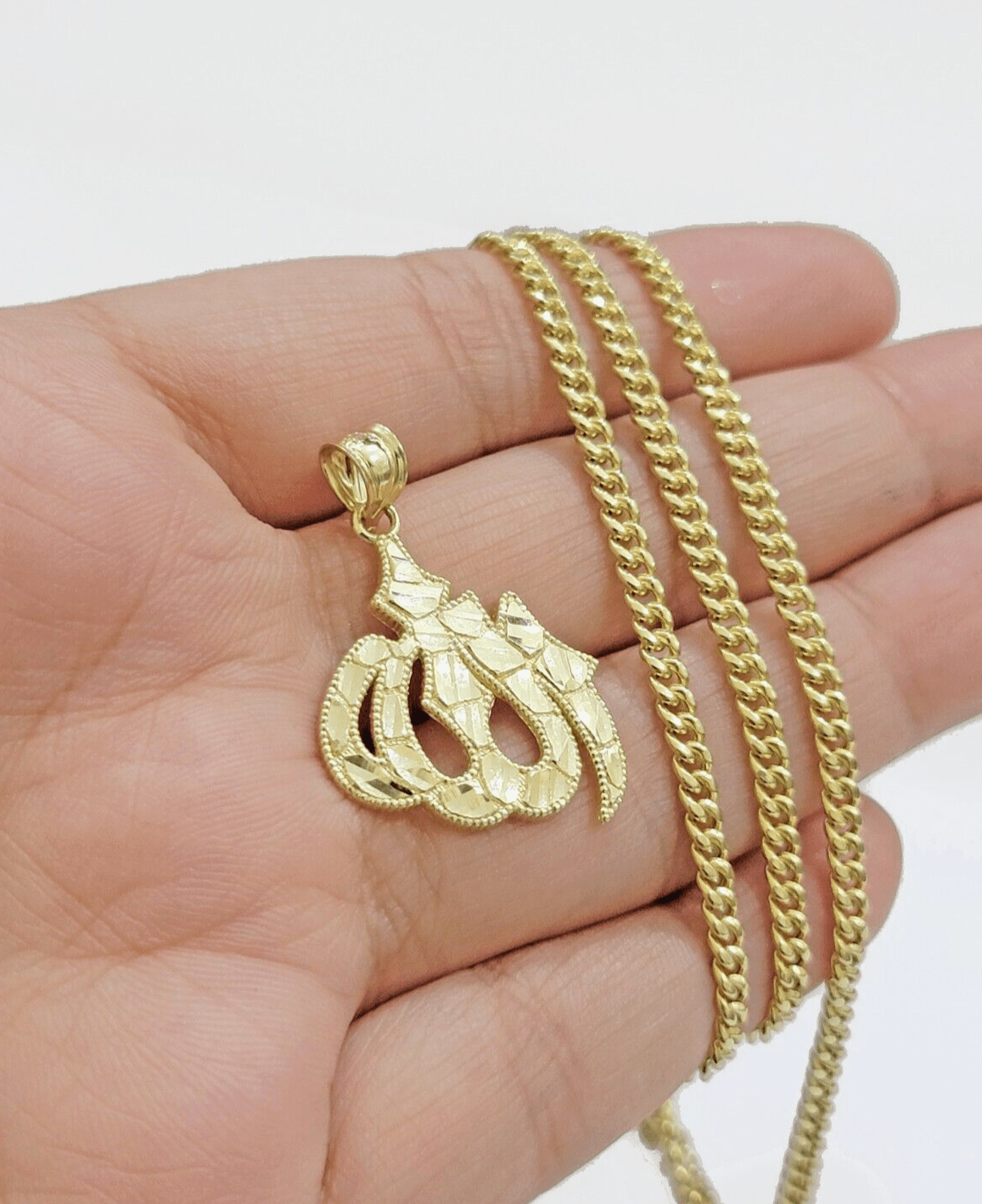 10k Gold Allah Charm Miami Cuban Chain 20" 3mm Necklace Pendant , REAL 10kt SET - GoldenlinQ