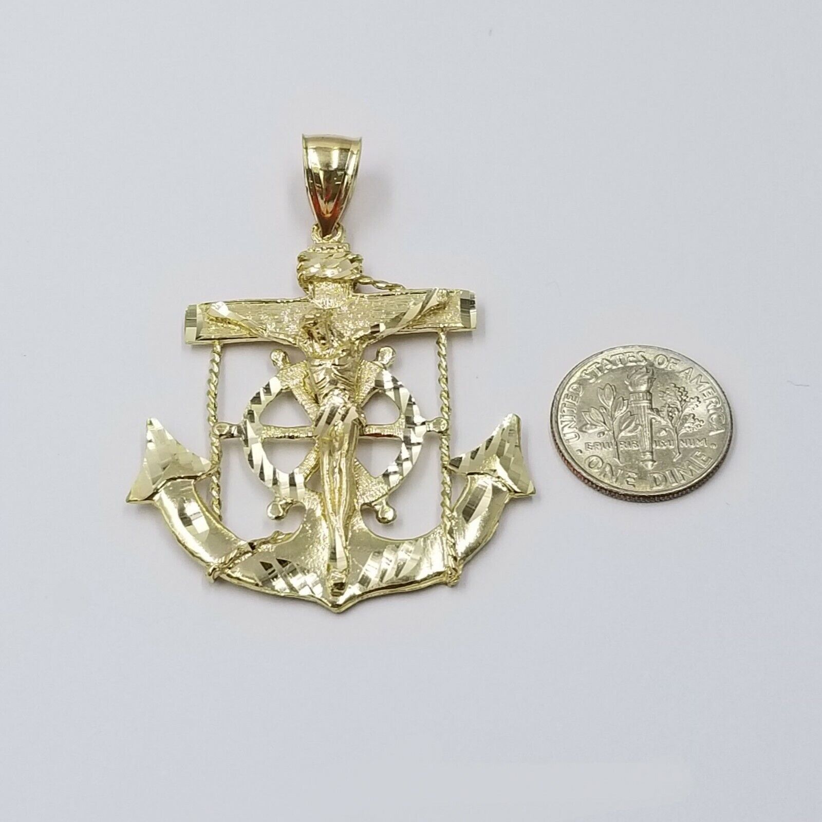 10k Gold Anchor charm pendant & Rope chain necklace 6mm 20" - 30" Men's Real SET - GoldenlinQ