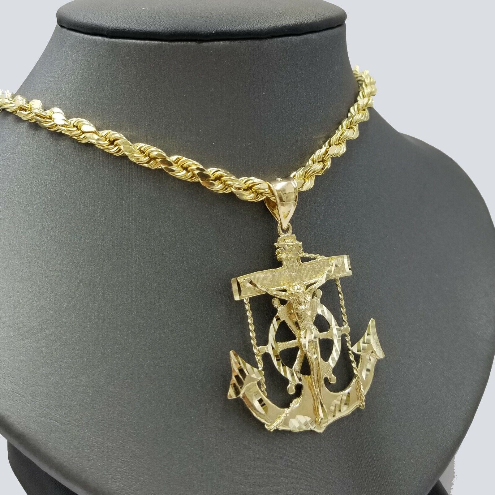 10k Gold Anchor charm pendant & Rope chain necklace 6mm 20" - 30" Men's Real SET - GoldenlinQ