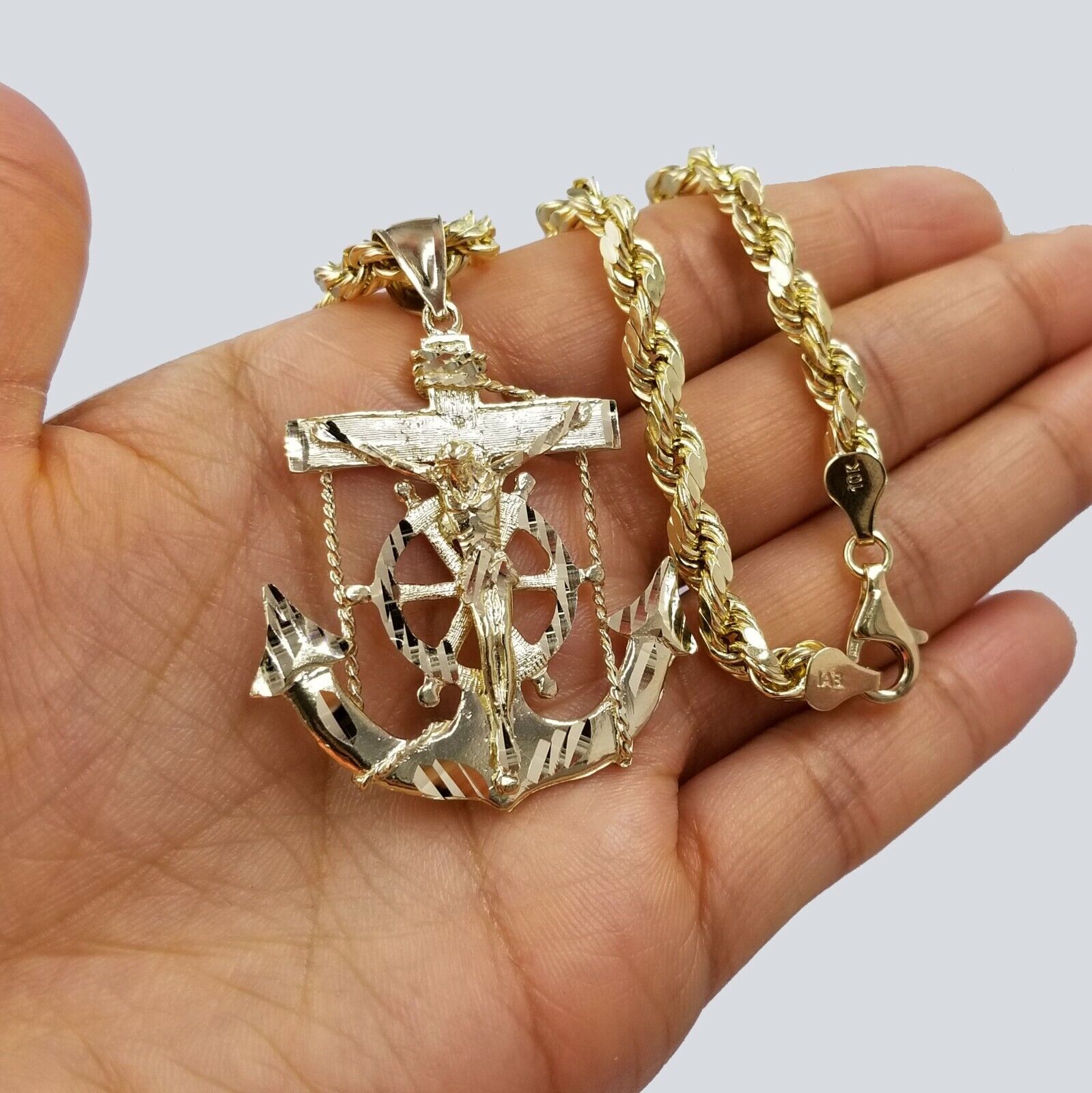 10k Gold Anchor charm pendant & Rope chain necklace 6mm 20" - 30" Men's Real SET - GoldenlinQ