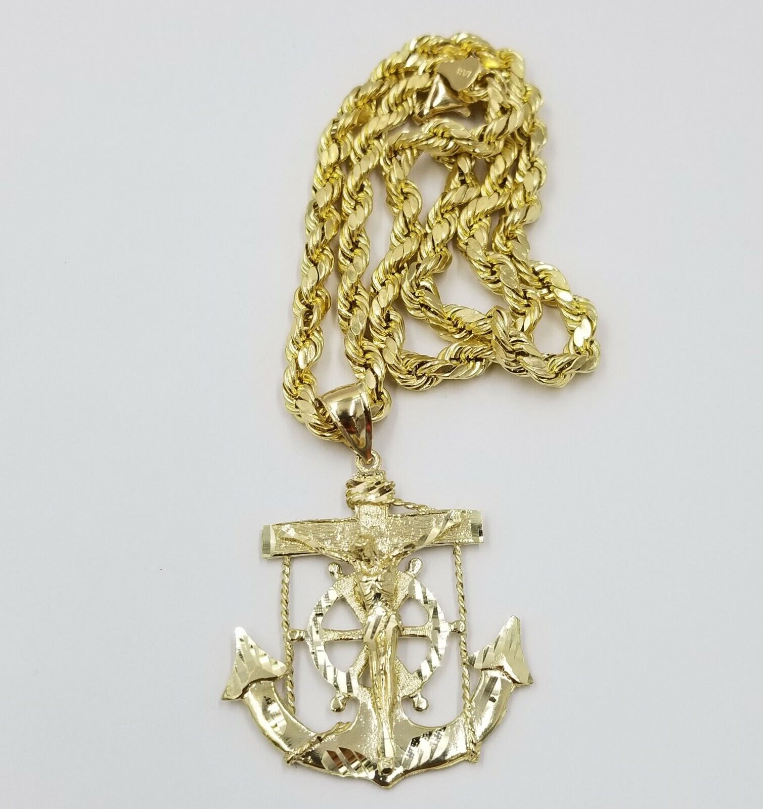 10k Gold Anchor charm pendant & Rope chain necklace 6mm 20" - 30" Men's Real SET - GoldenlinQ
