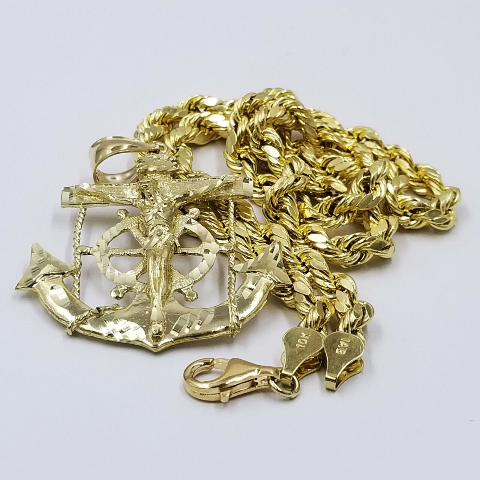 10k Gold Anchor charm pendant & Rope chain necklace 6mm 20" - 30" Men's Real SET - GoldenlinQ