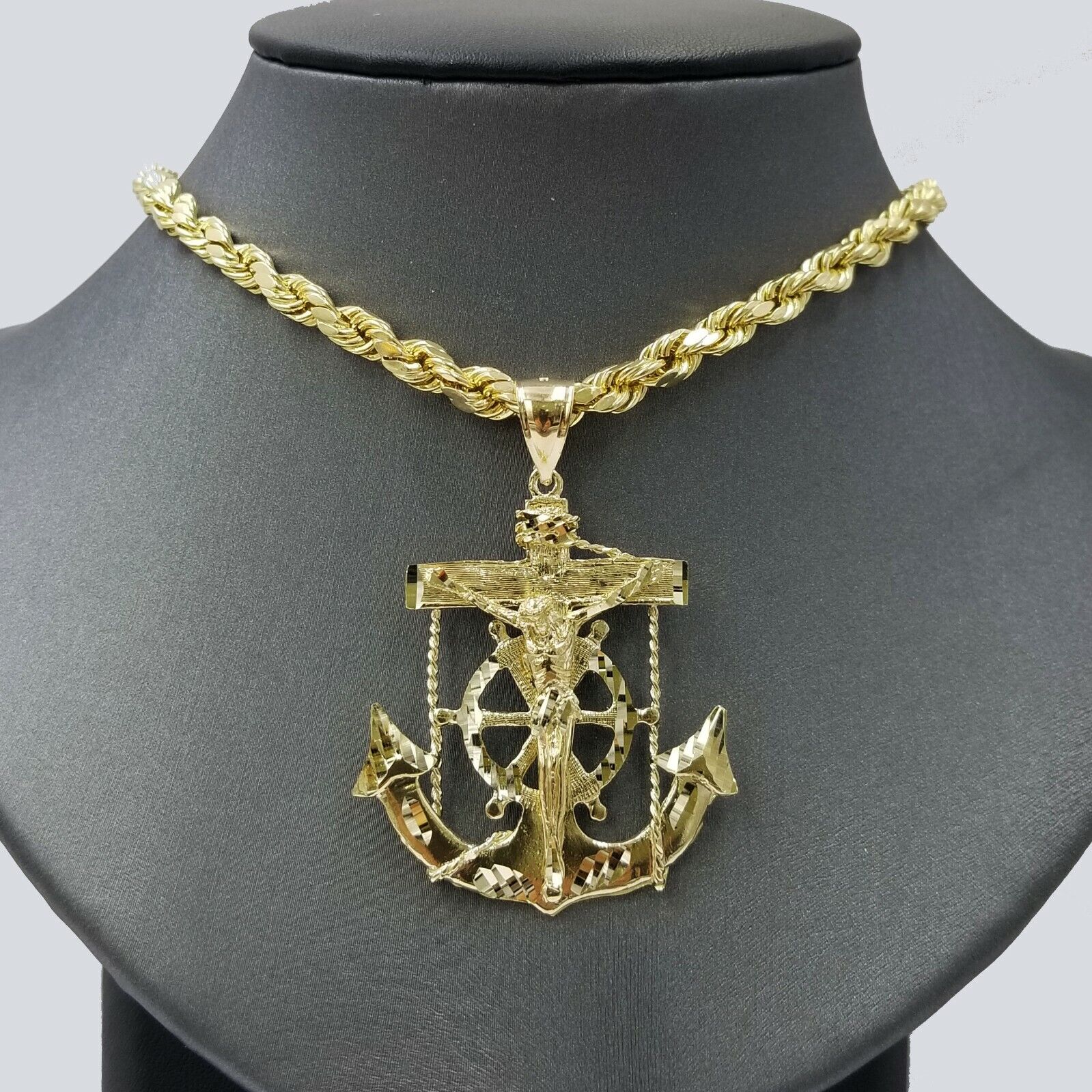 10k Gold Anchor charm pendant & Rope chain necklace 6mm 20" - 30" Men's Real SET - GoldenlinQ