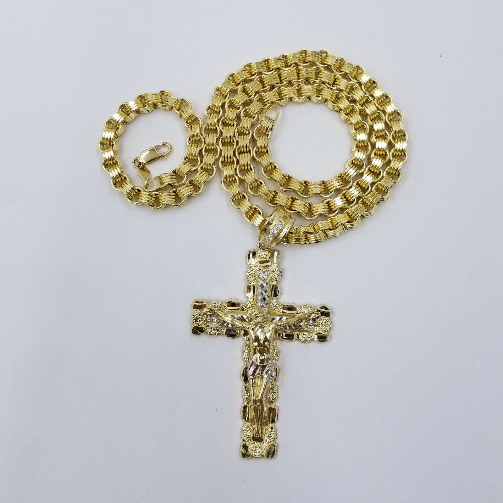10k Gold Byzantine 24" Necklace Jesus Nugget Cross Pendant 3" Charm 5mm Chain - GoldenlinQ