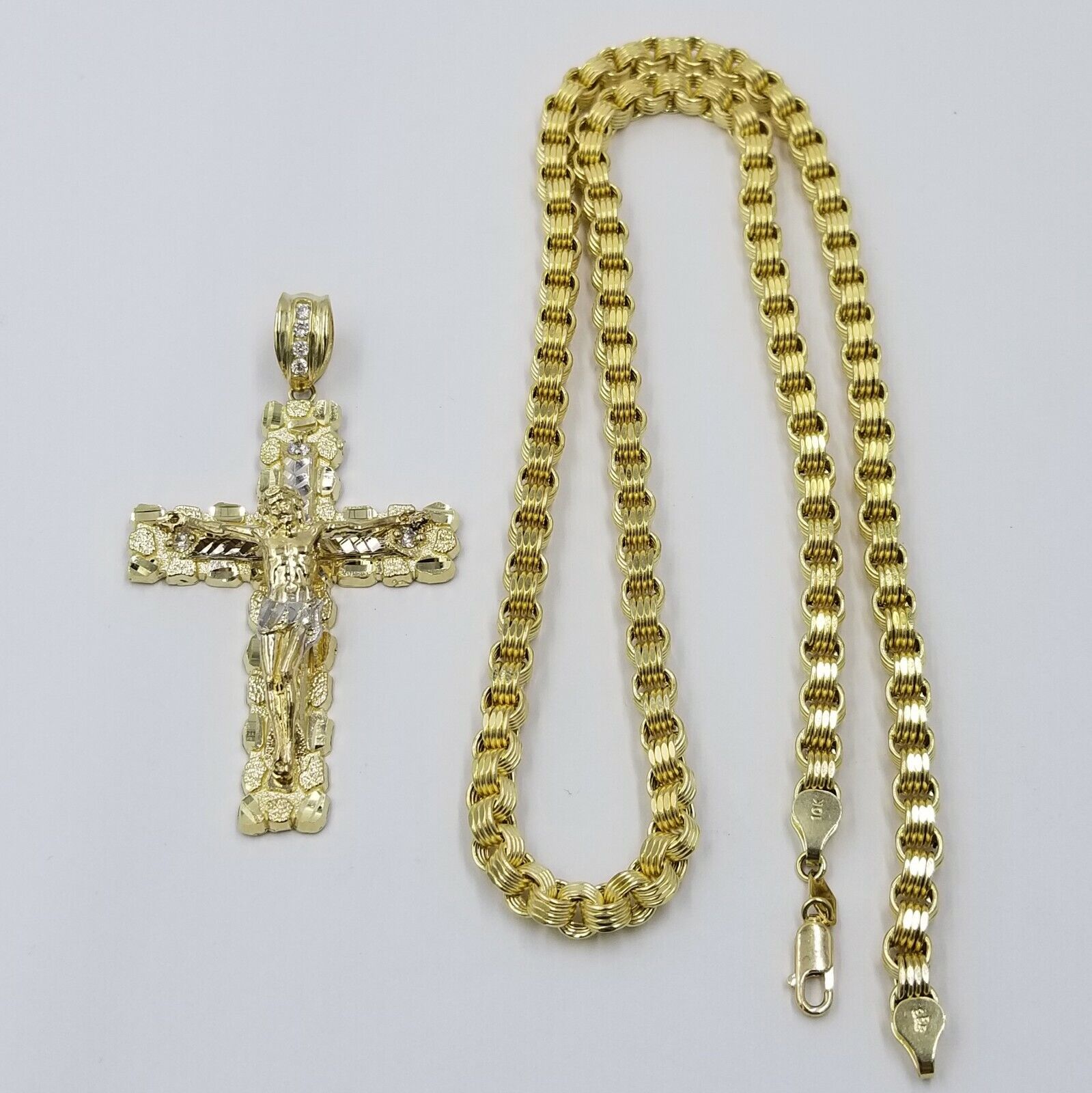 10k Gold Byzantine 24" Necklace Jesus Nugget Cross Pendant 3" Charm 5mm Chain - GoldenlinQ