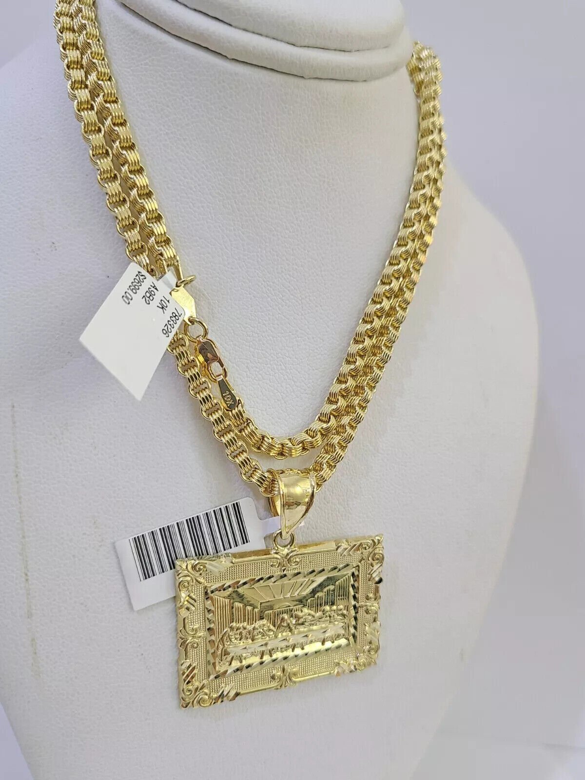 10k Gold Byzantine Chain Necklace Last supper charm Pendant SET REAL 10kt Men's - GoldenlinQ