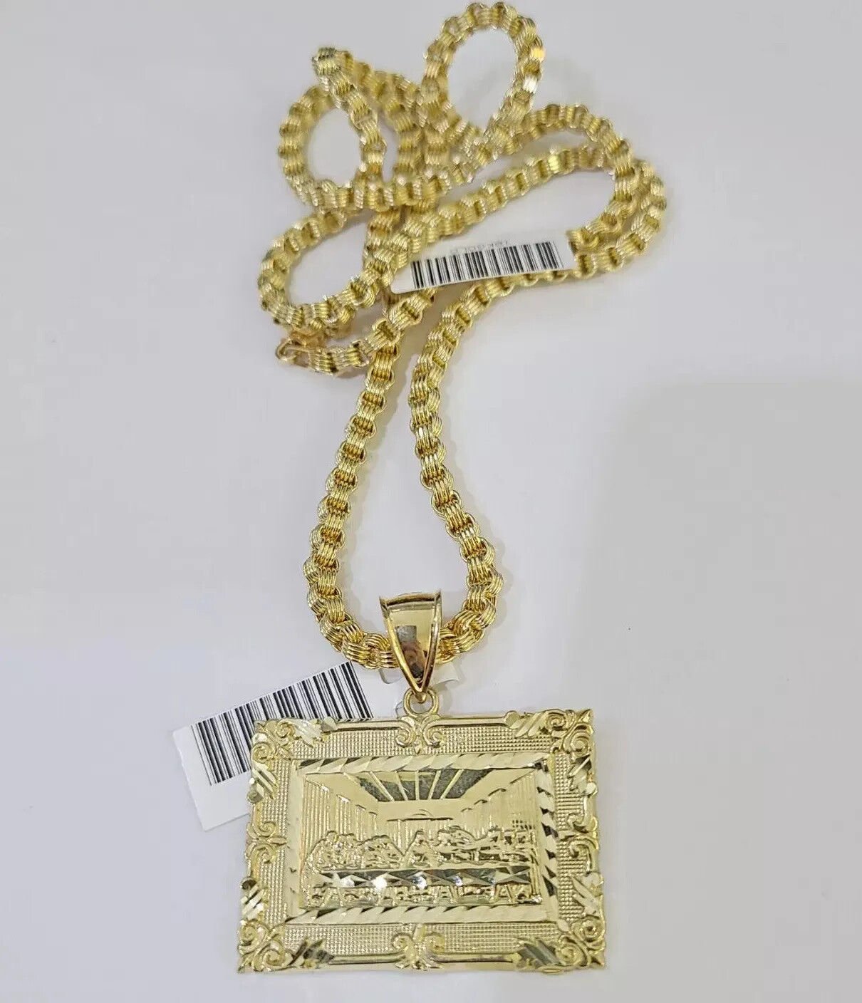 10k Gold Byzantine Chain Necklace Last supper charm Pendant SET REAL 10kt Men's - GoldenlinQ