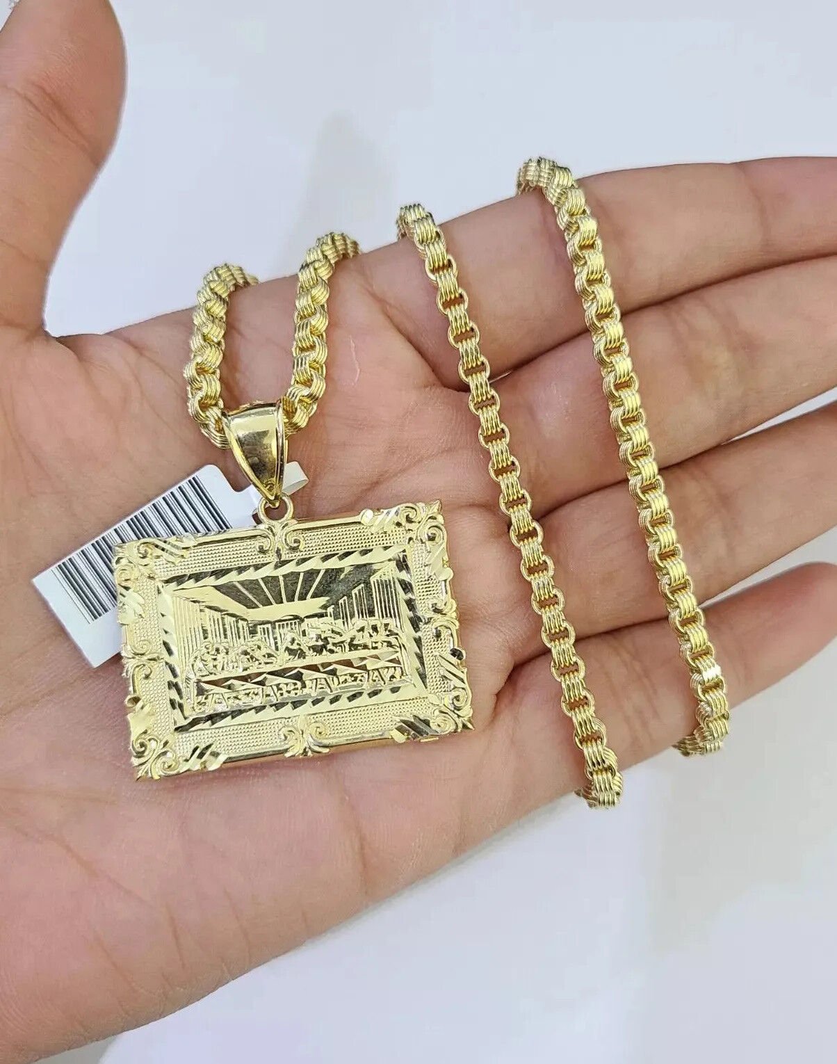 10k Gold Byzantine Chain Necklace Last supper charm Pendant SET REAL 10kt Men's - GoldenlinQ