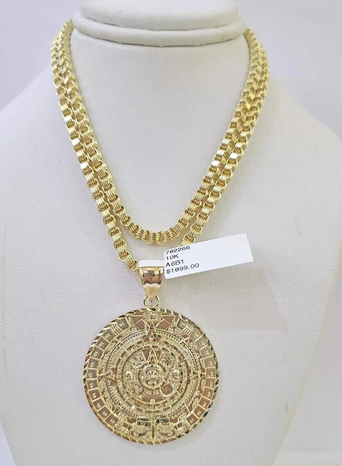 10k Gold Byzantine Necklace Mayan Calendar charm Pendant REAL 10kt Men's SET - GoldenlinQ