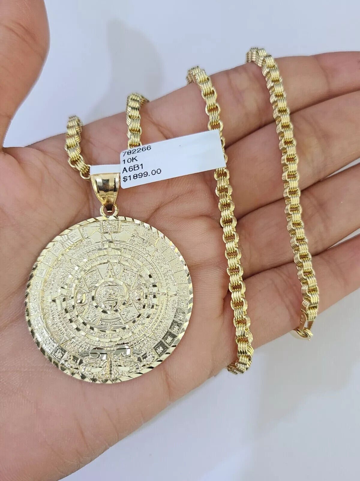 10k Gold Byzantine Necklace Mayan Calendar charm Pendant REAL 10kt Men's SET - GoldenlinQ